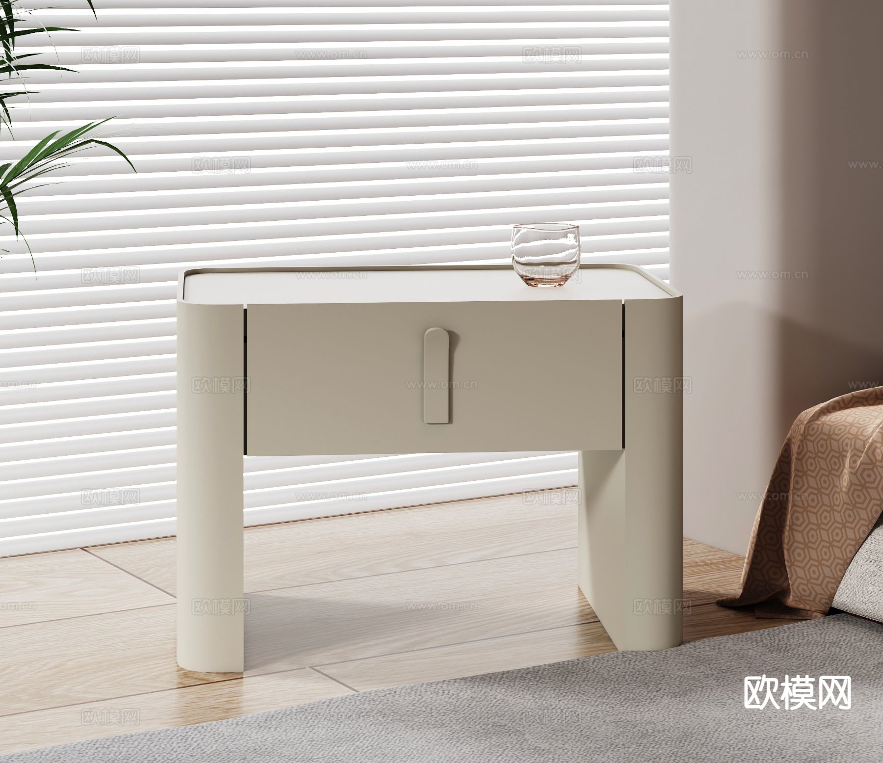 奶油风床头柜su模型下载（渲染图2）