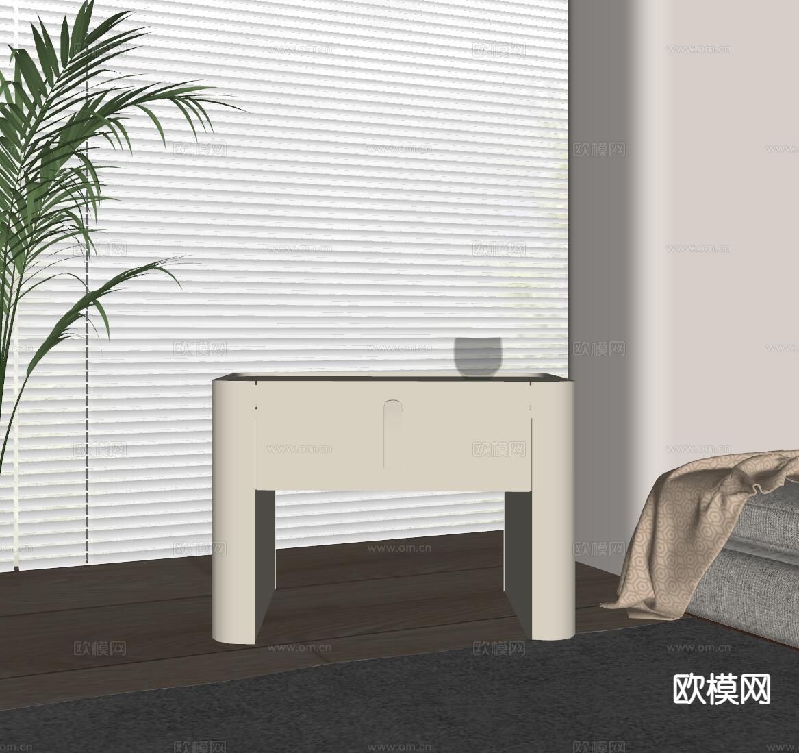 奶油风床头柜su模型下载（渲染图1）