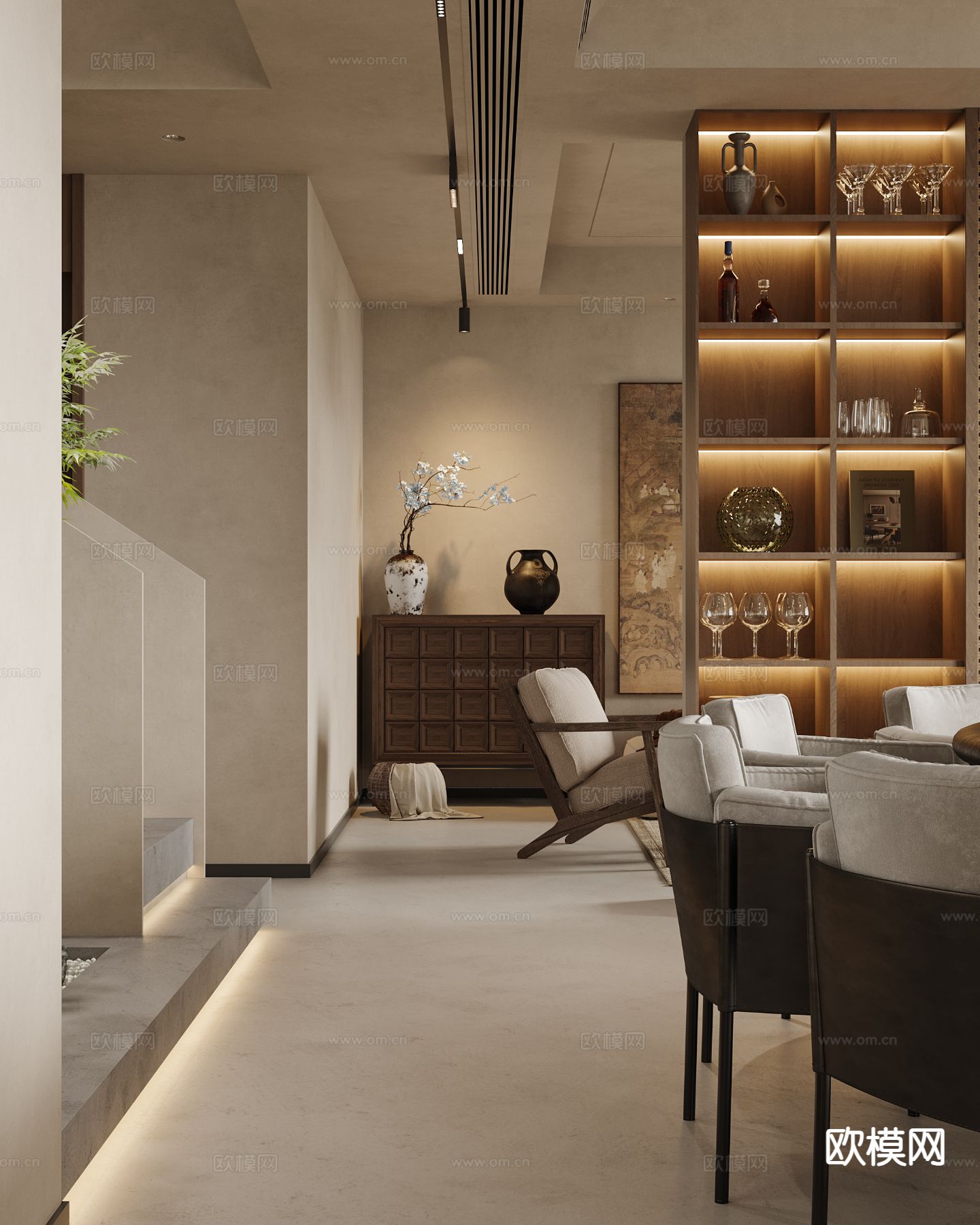 侘寂风客餐厅3d模型下载（渲染图2）