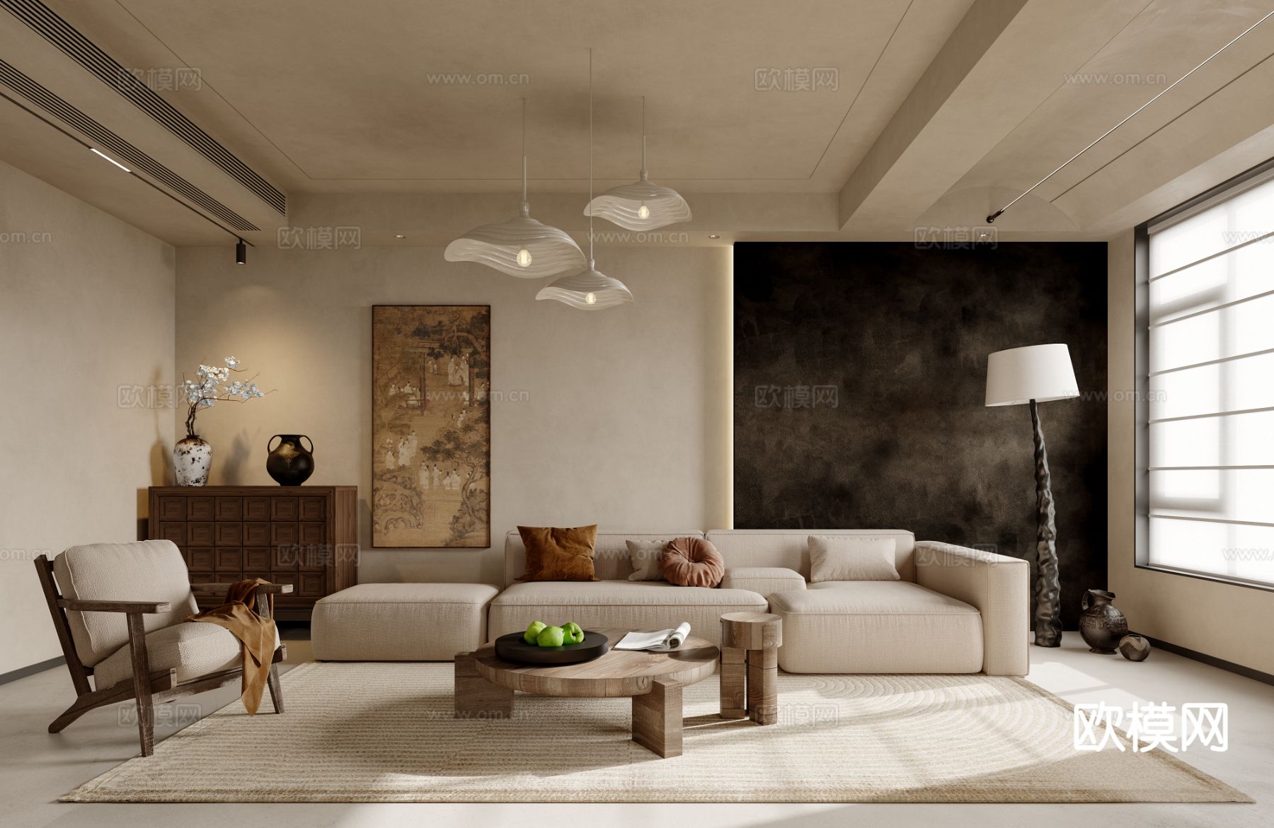 侘寂风客餐厅3d模型下载（渲染图1）