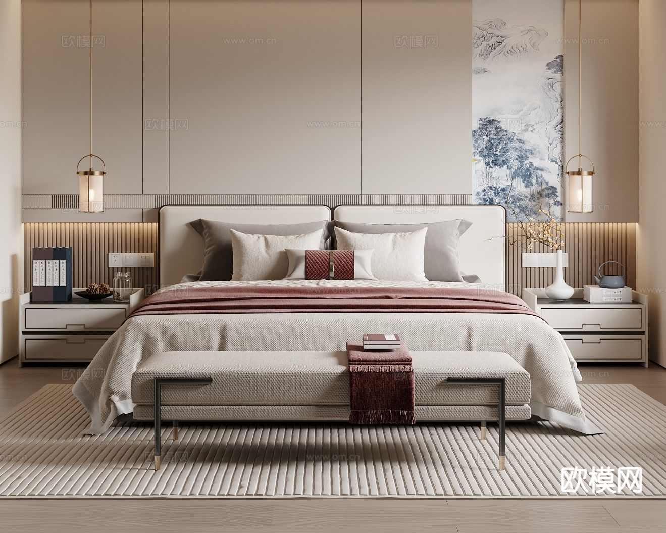 新中式双人床3d模型下载