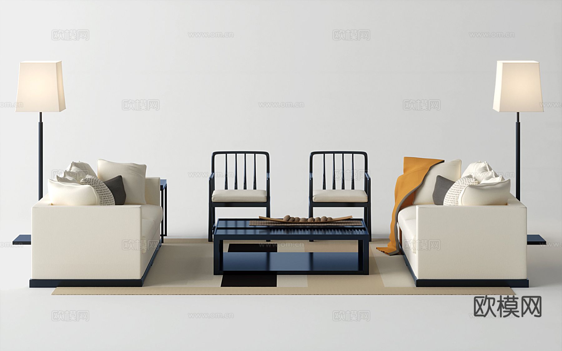 新中式组合沙发su模型下载（渲染图2）