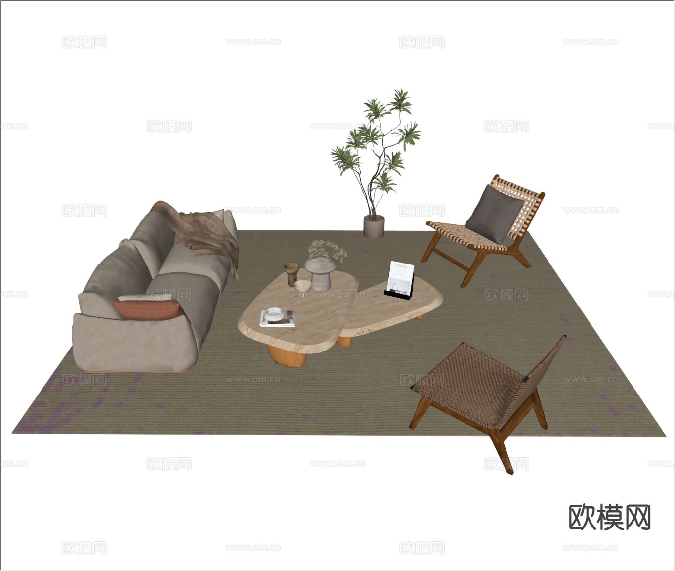 中古风组合沙发su模型下载（渲染图1）