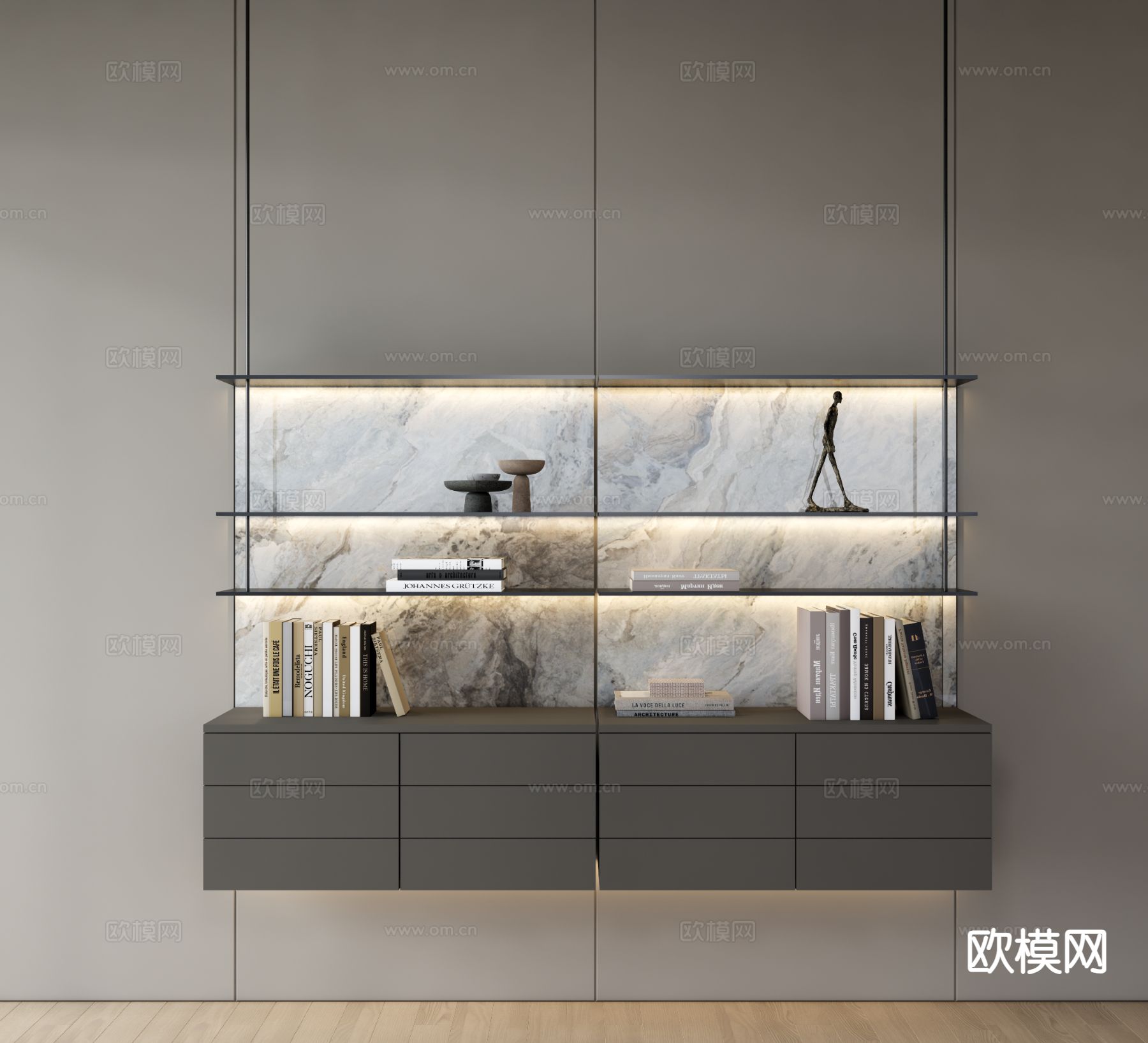 现代吊柜 壁挂书架 展示架su模型下载（渲染图2）