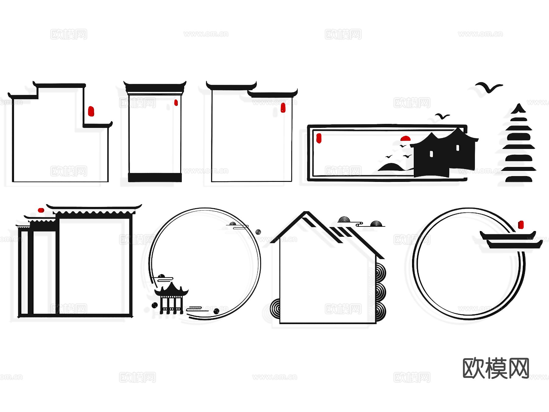 中式屋檐  屋檐图标 墙饰剪影3d模型