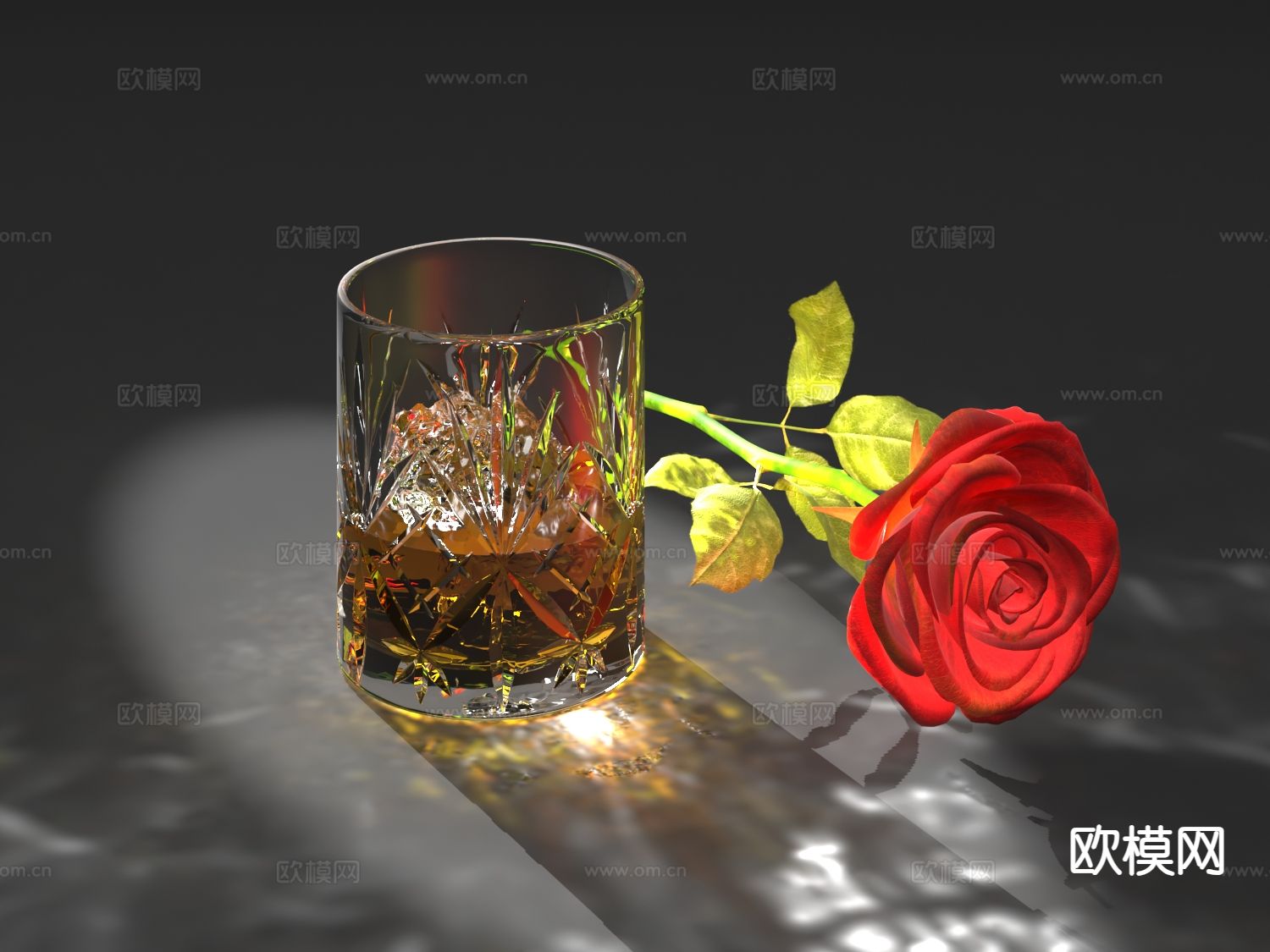 威士忌 酒杯 冰块 玫瑰3d模型