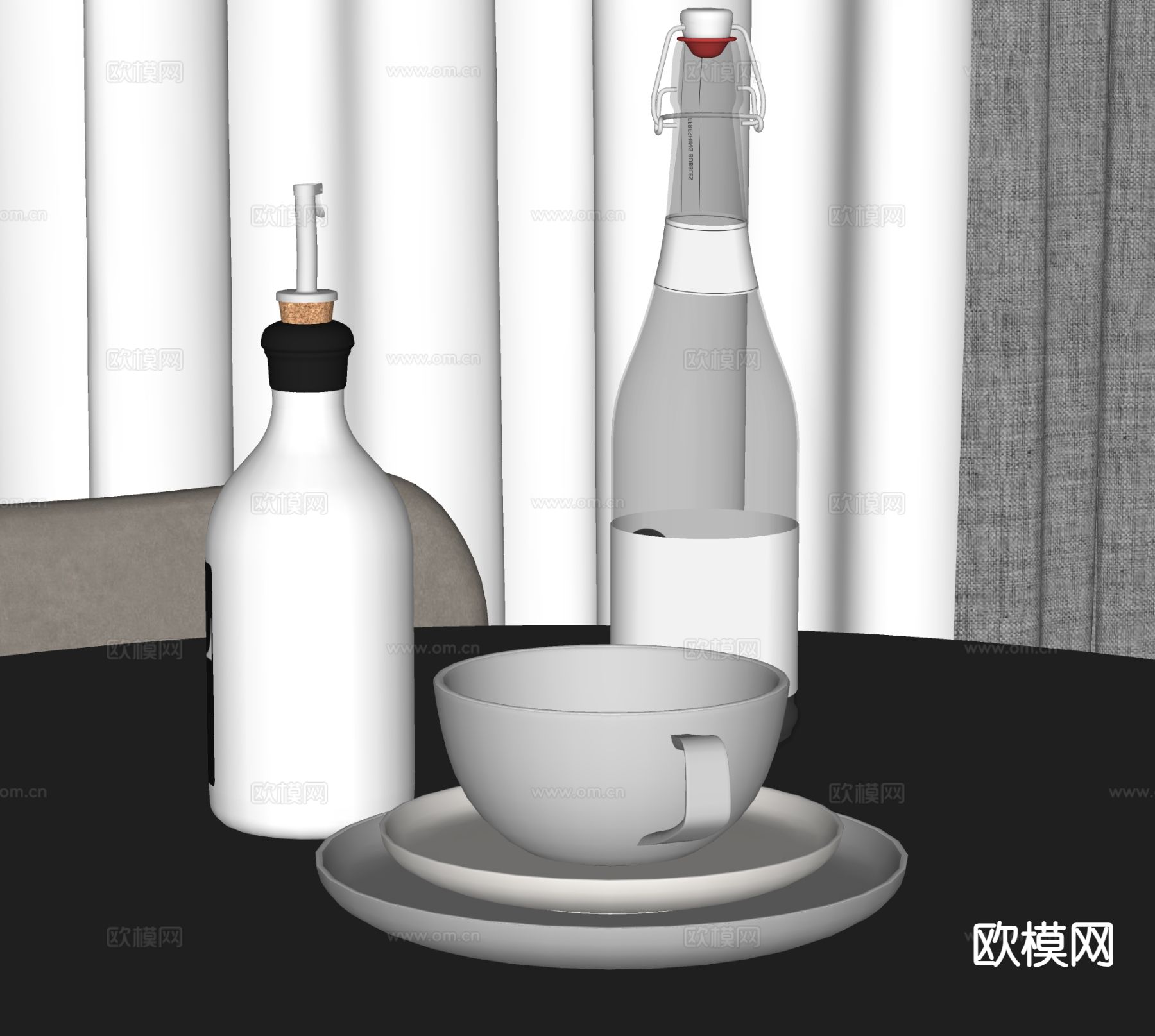 现代餐具 咖啡杯 盘子 水瓶su模型下载（渲染图1）