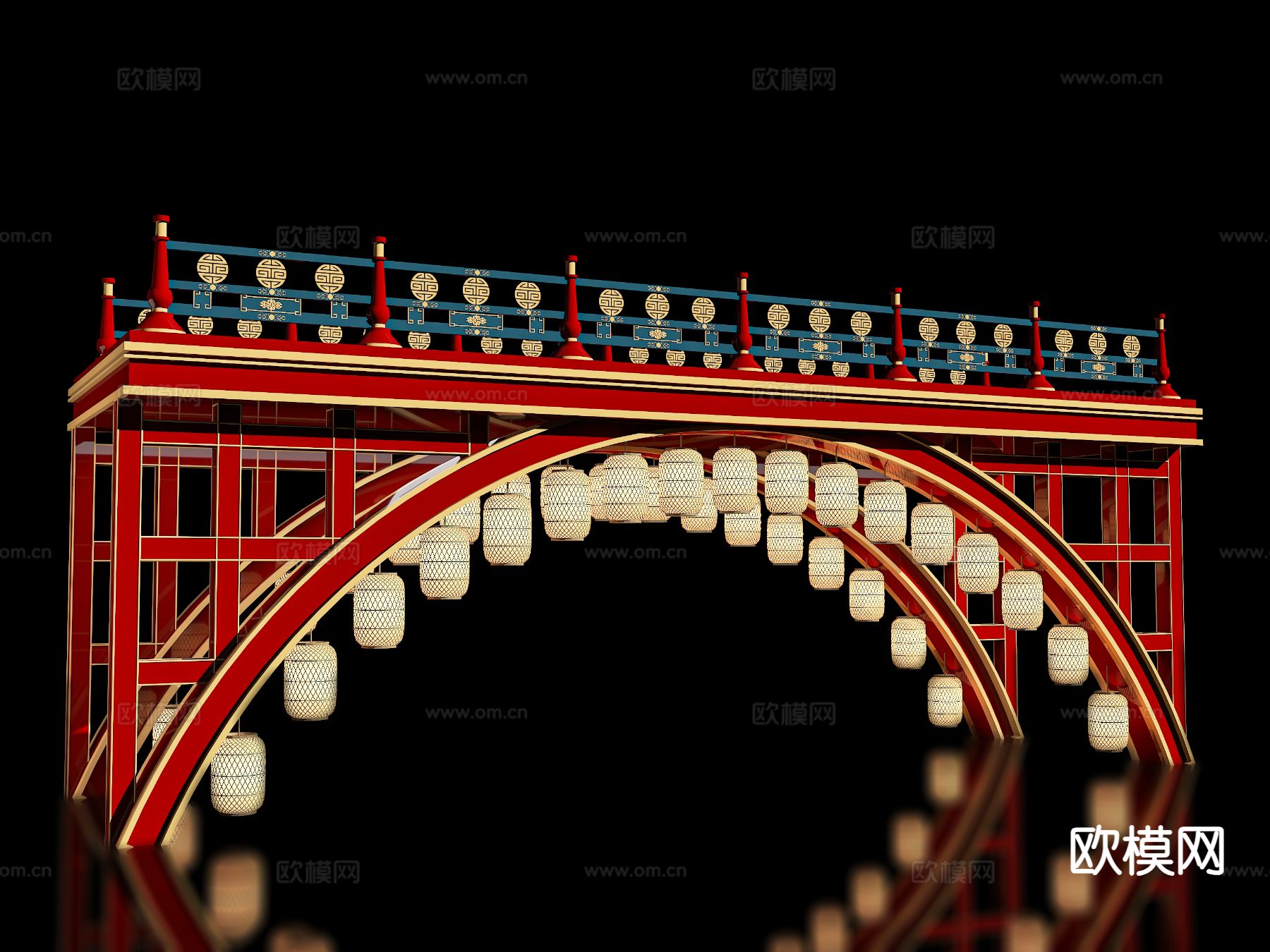 新中式廊桥装置美陈 古风桥 灯笼装置3d模型