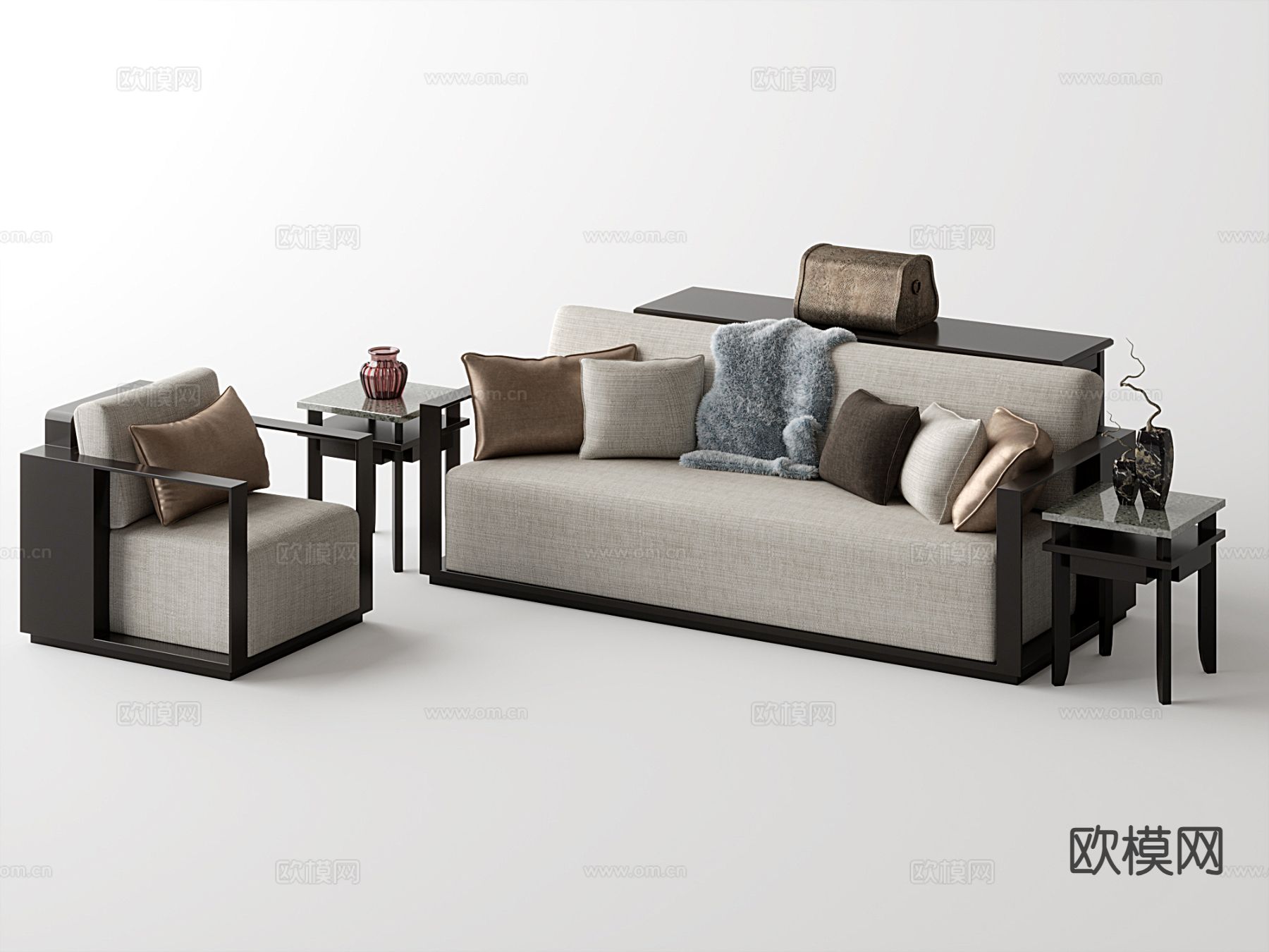 新中式组合沙发su模型下载（渲染图2）