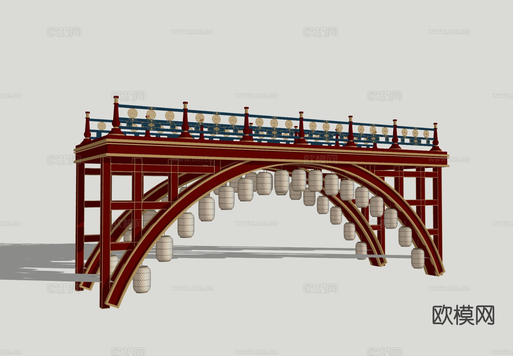 新中式廊桥装置美陈 古风桥 灯笼装置3d模型