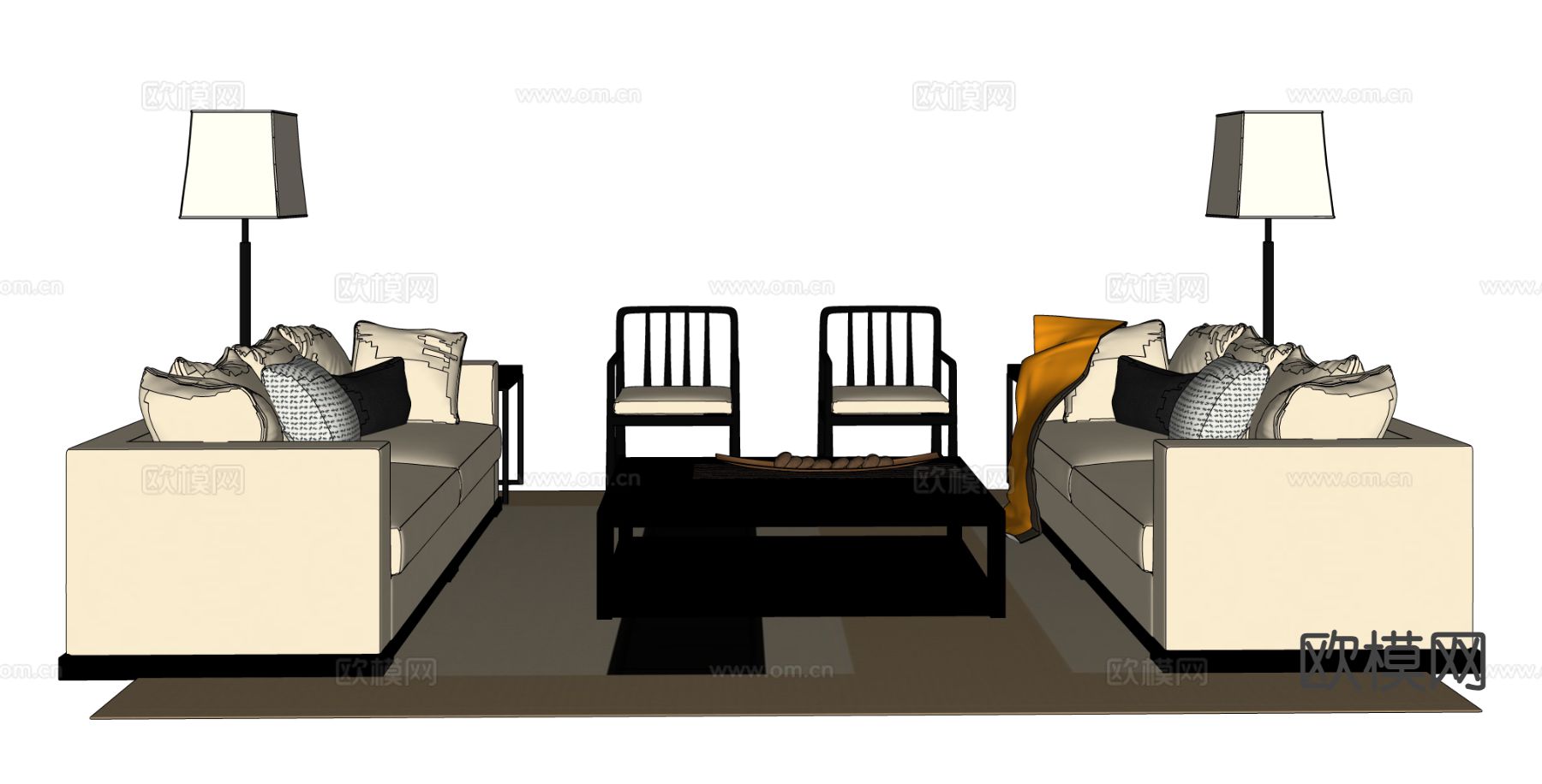 新中式组合沙发su模型下载（渲染图1）