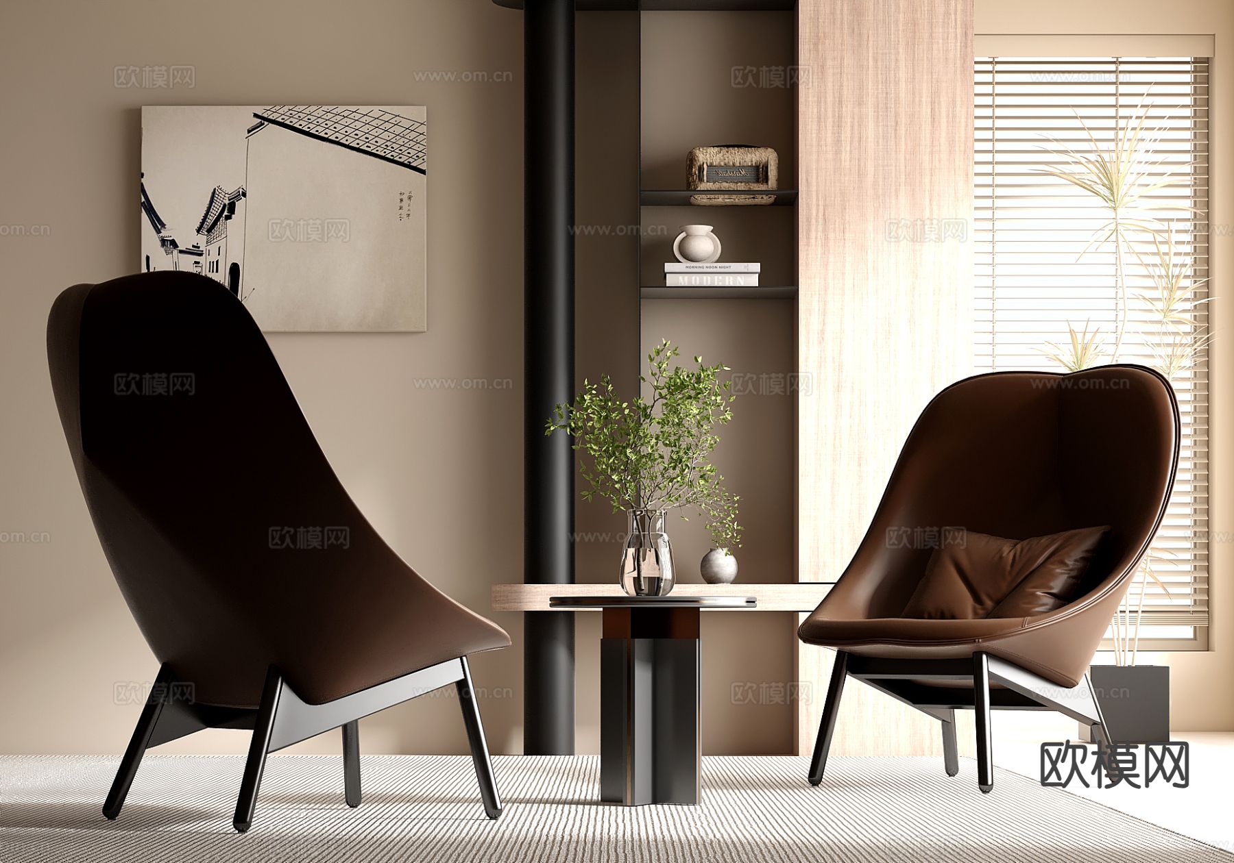 意式沙发椅 休闲椅 扶手椅 桌几su模型下载（渲染图2）