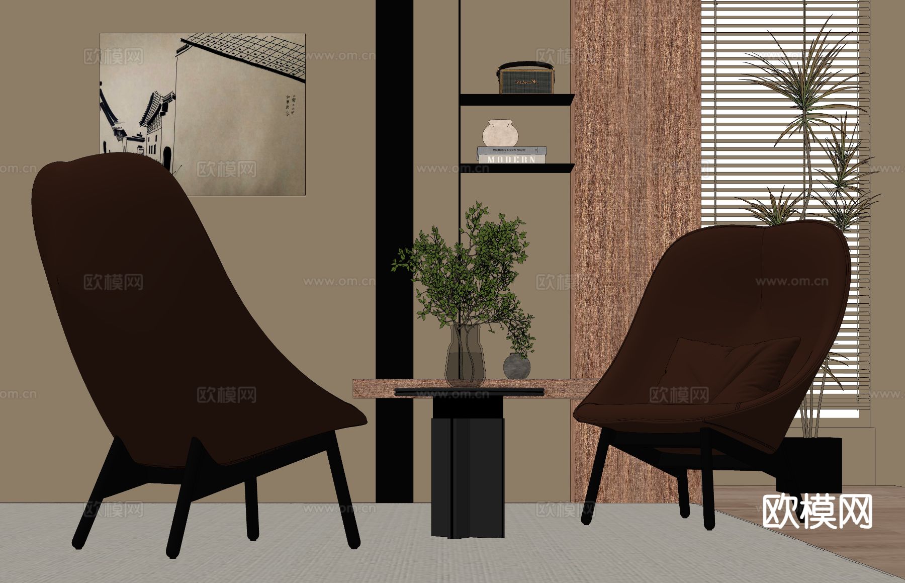 意式沙发椅 休闲椅 扶手椅 桌几su模型下载（渲染图1）