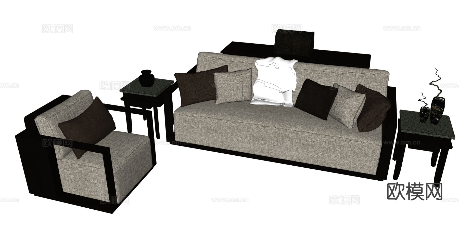 新中式组合沙发su模型下载（渲染图1）