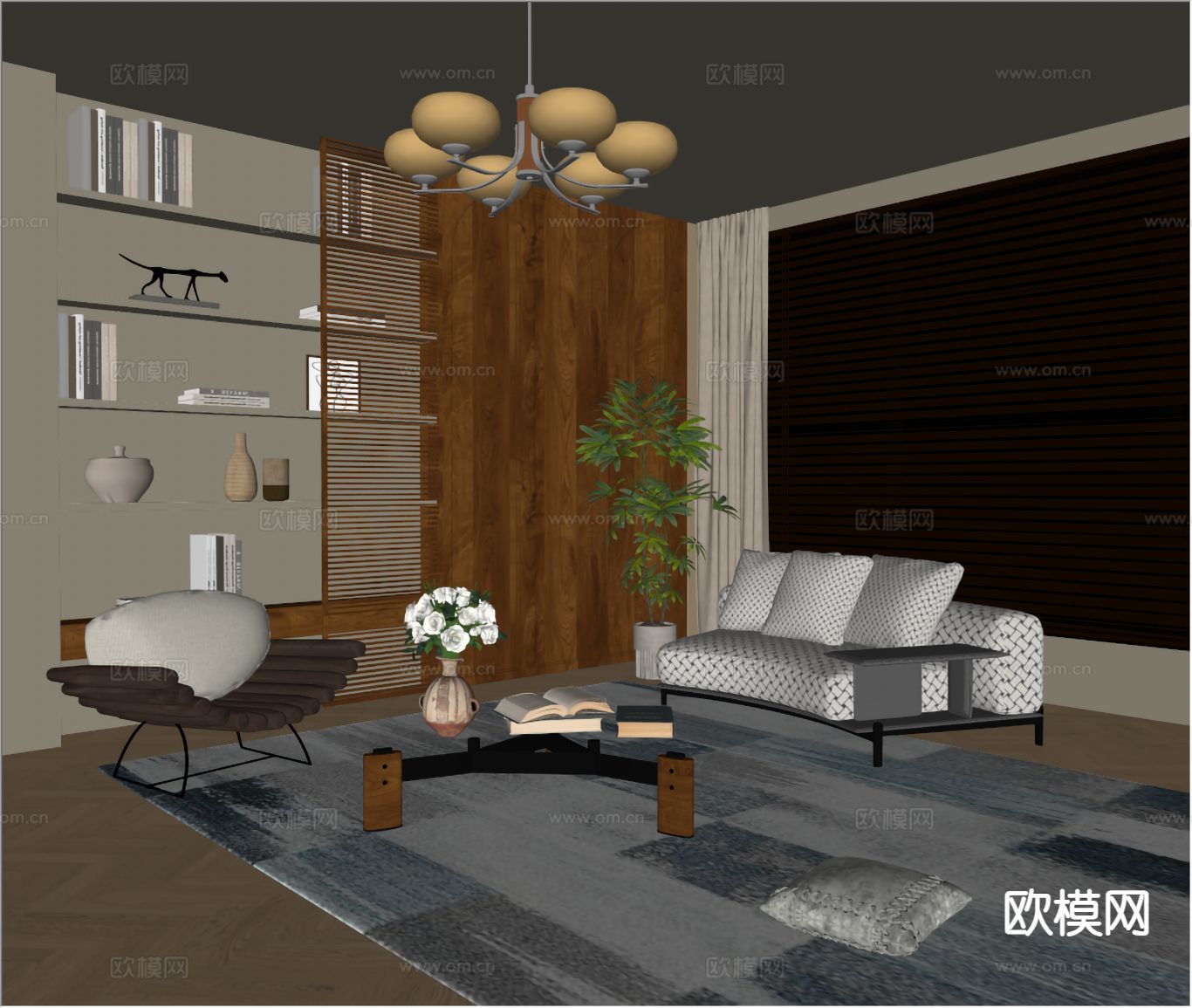 中古风组合沙发su模型下载（渲染图1）
