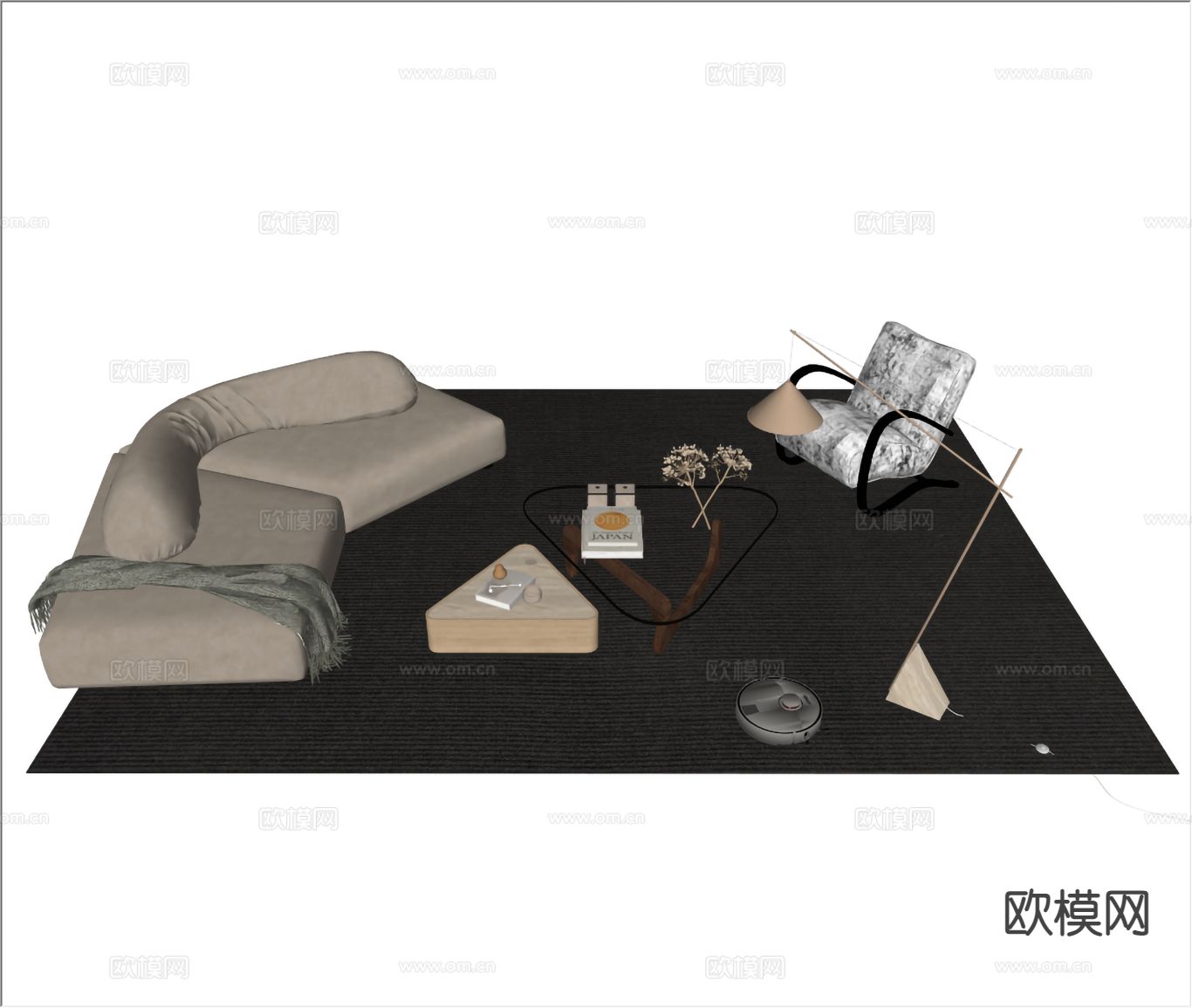 中古风组合沙发su模型下载（渲染图1）