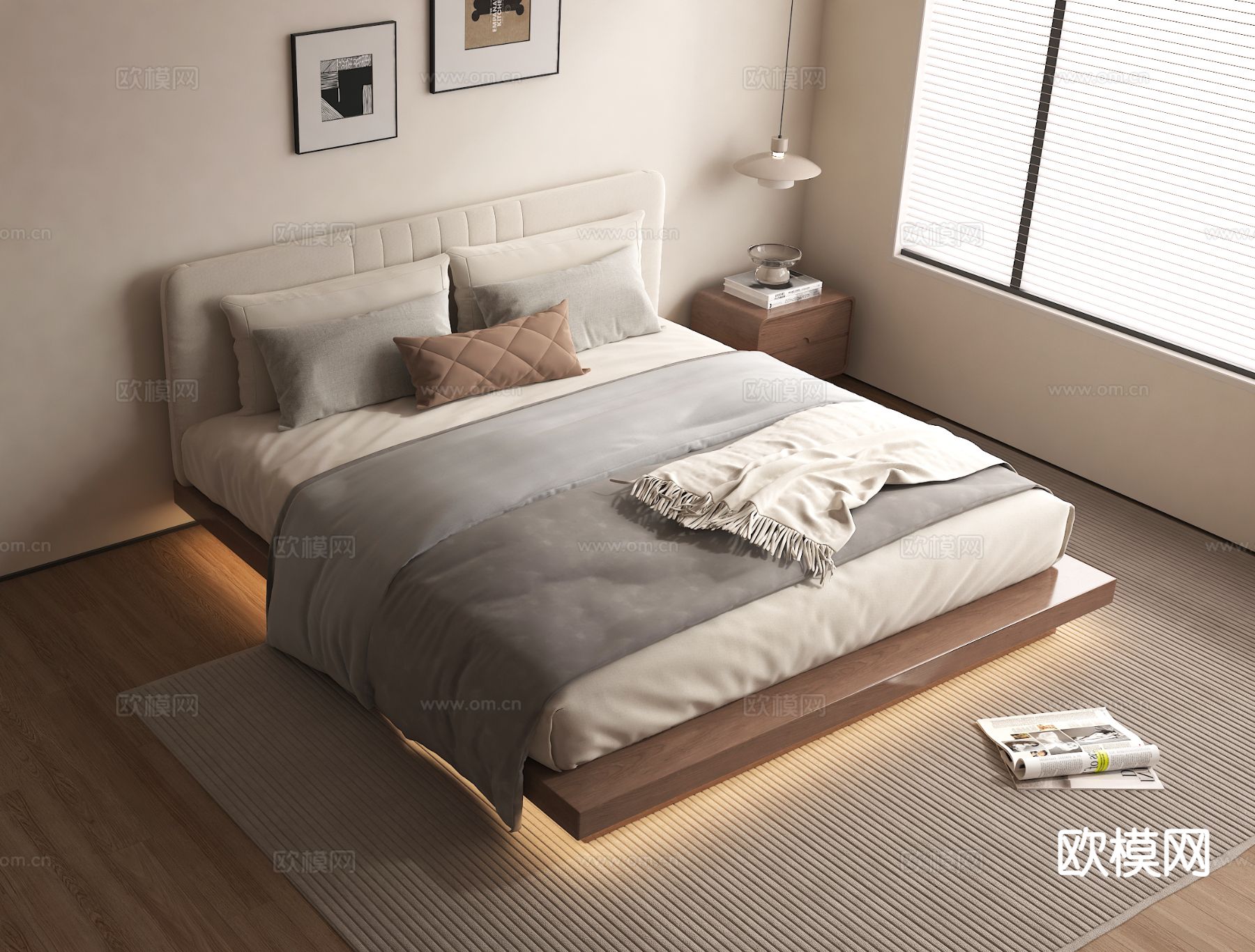 现代双人床 悬浮床su模型下载（渲染图2）