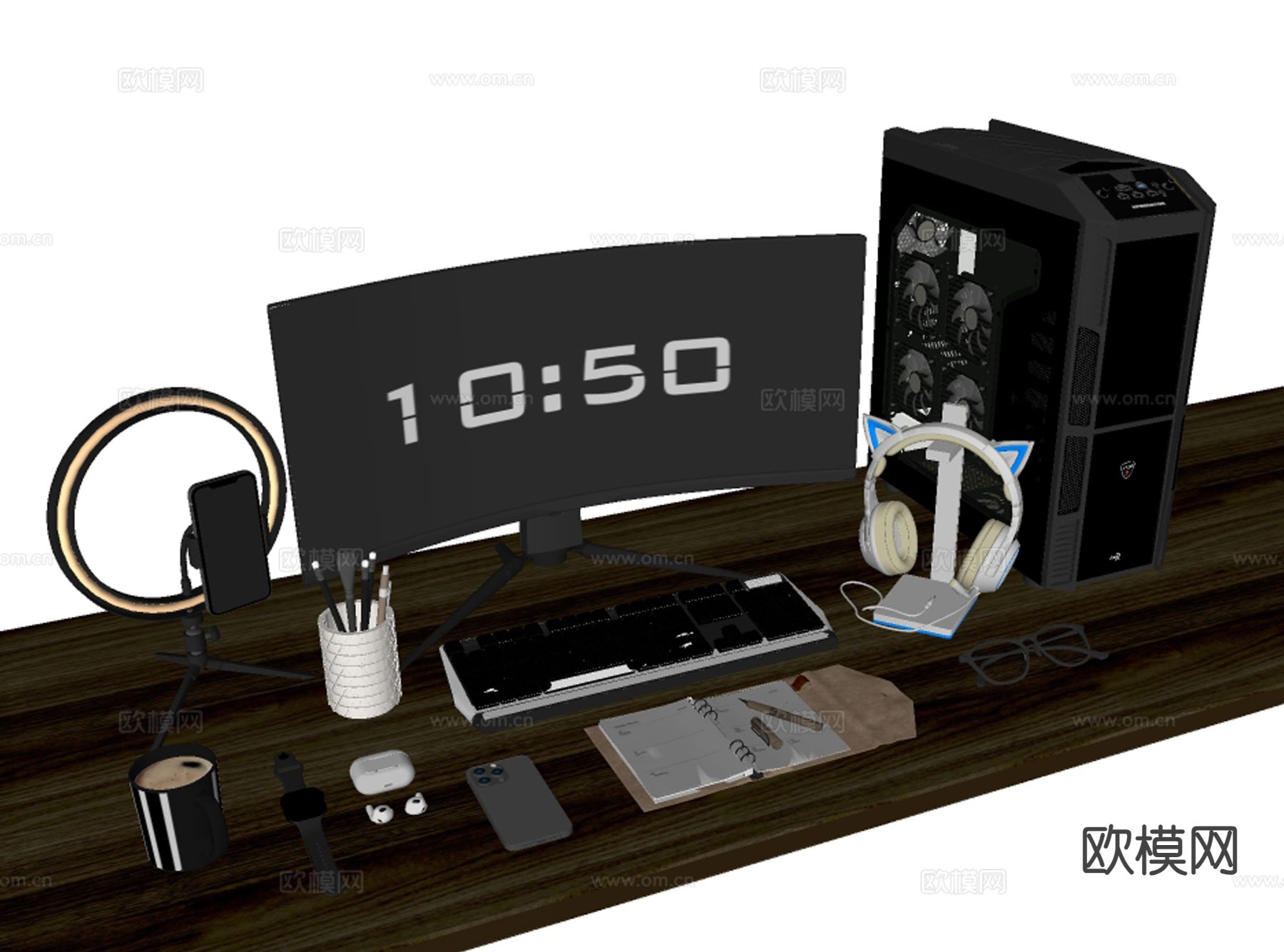 办公用品 桌面摆件 台式电脑 显示器 主机su模型下载（渲染图1）