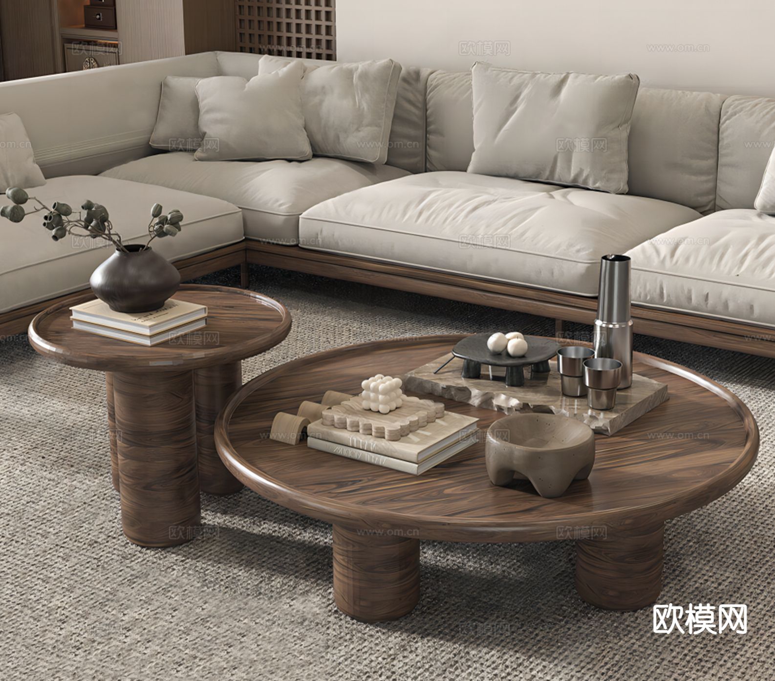 中古风茶几 子母茶几su模型下载（渲染图2）