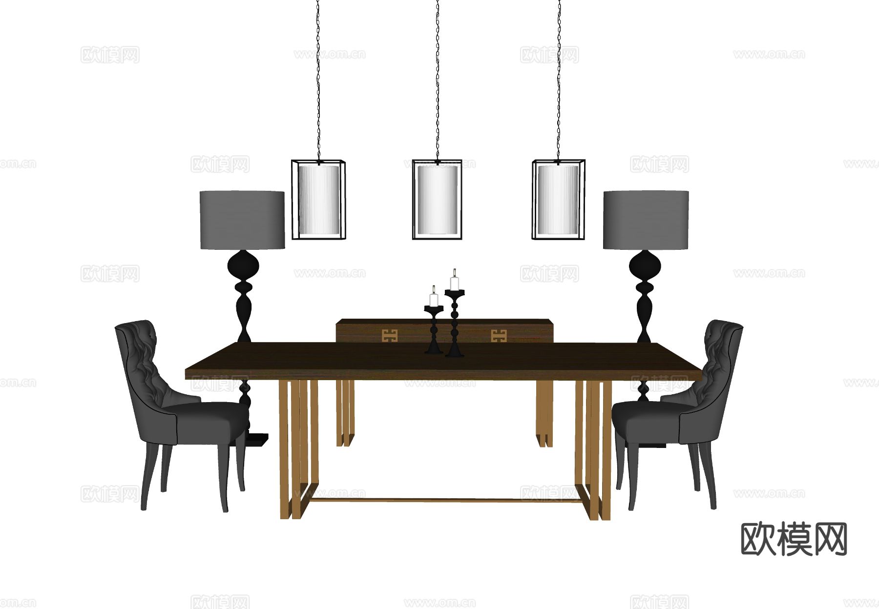 简欧餐桌椅 条形餐桌su模型下载（渲染图1）