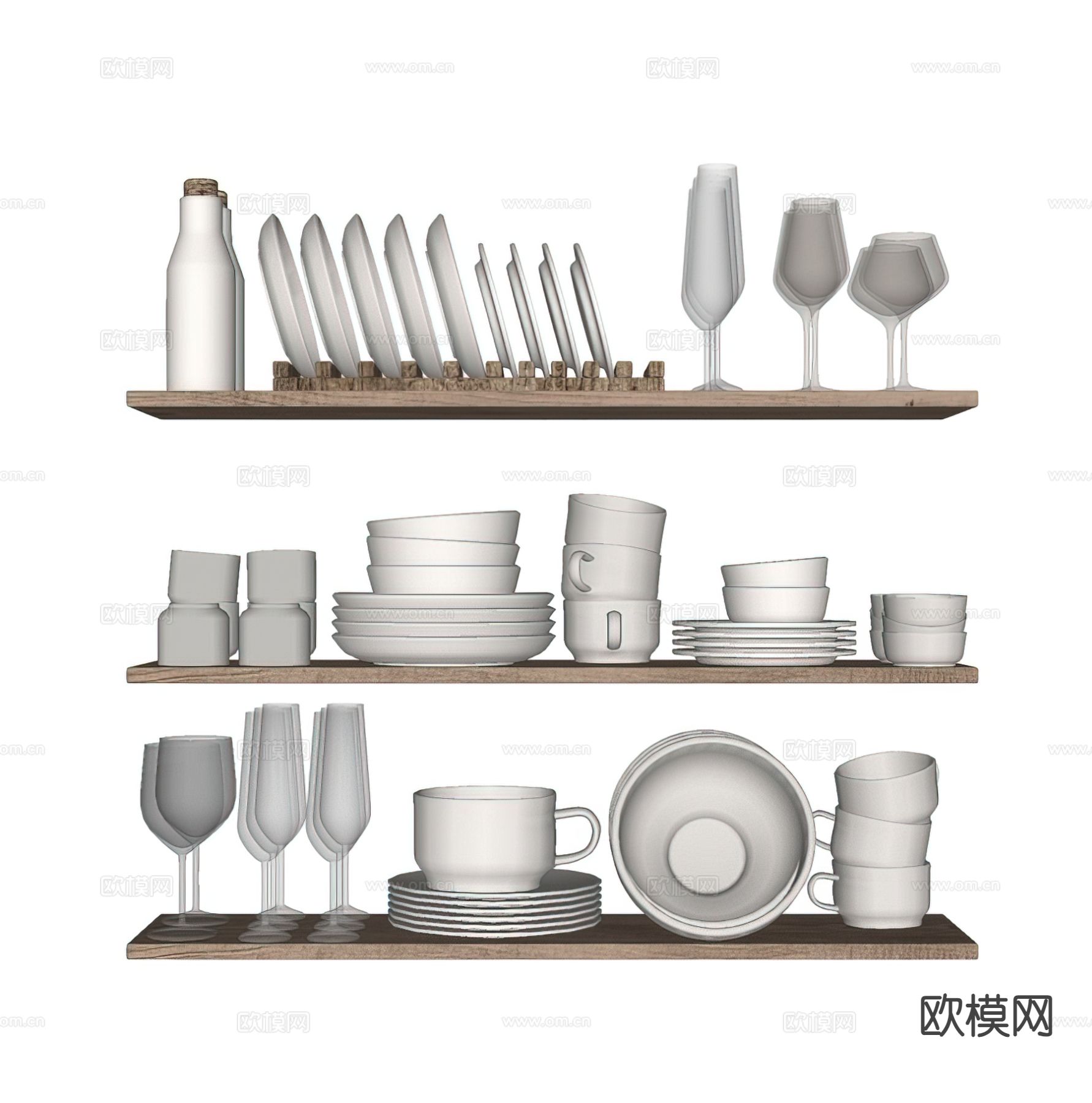 现代餐具 碗碟 高脚杯 置物架su模型下载（渲染图1）