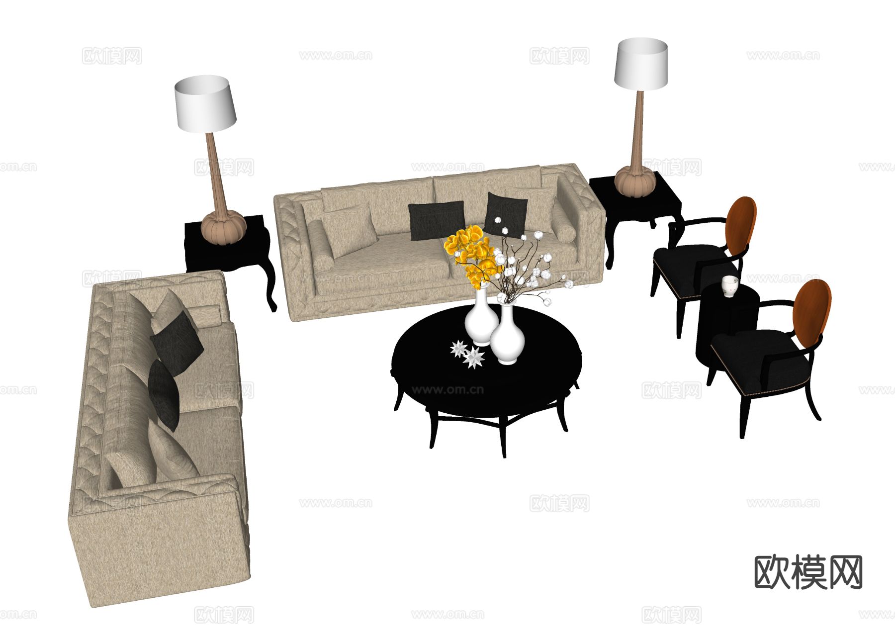 中古风组合沙发su模型下载（渲染图1）