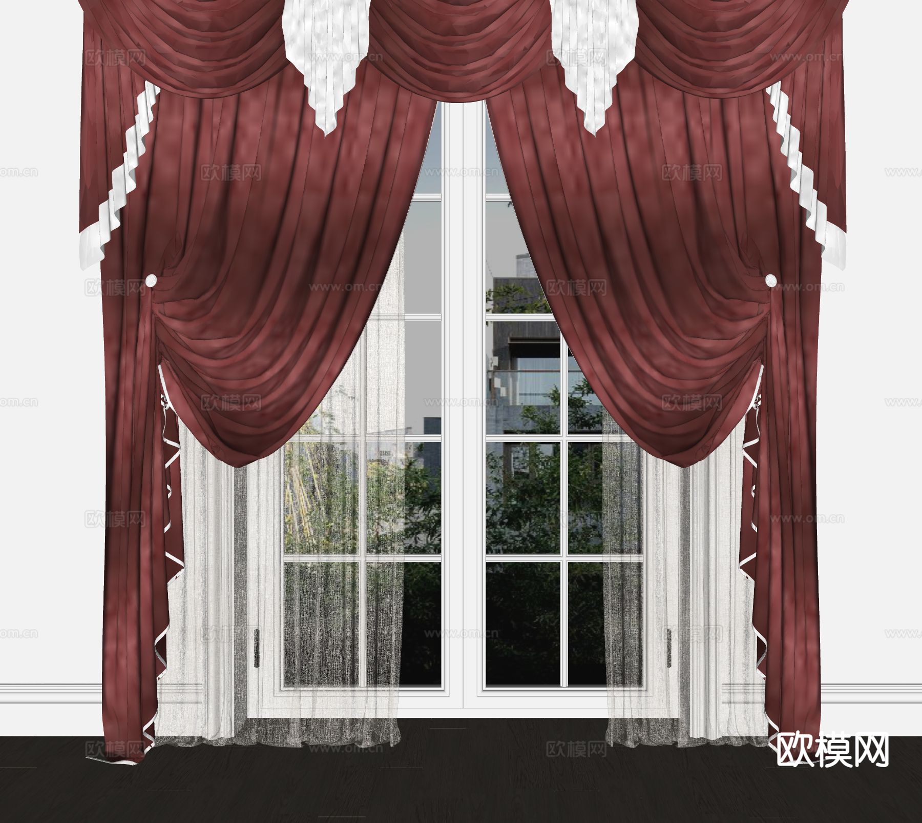 简欧窗帘 窗纱 纱帘su模型下载（渲染图1）
