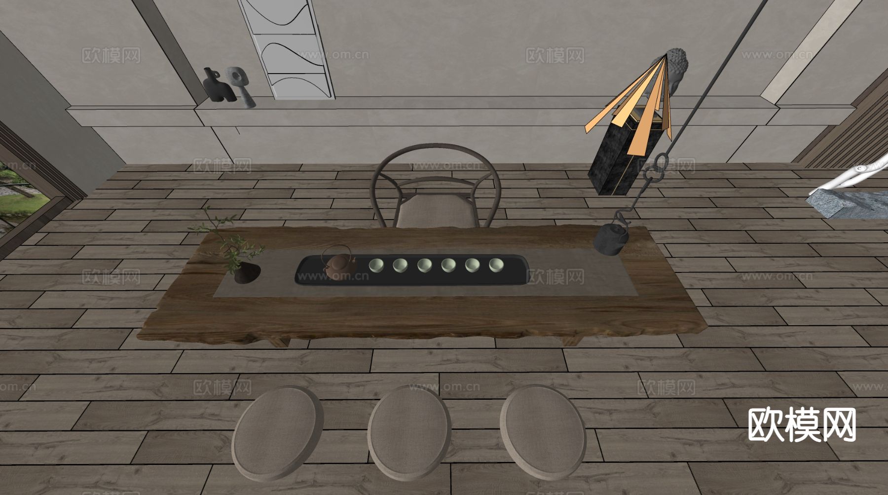 新中式茶桌 榻榻米茶台su模型下载（渲染图1）
