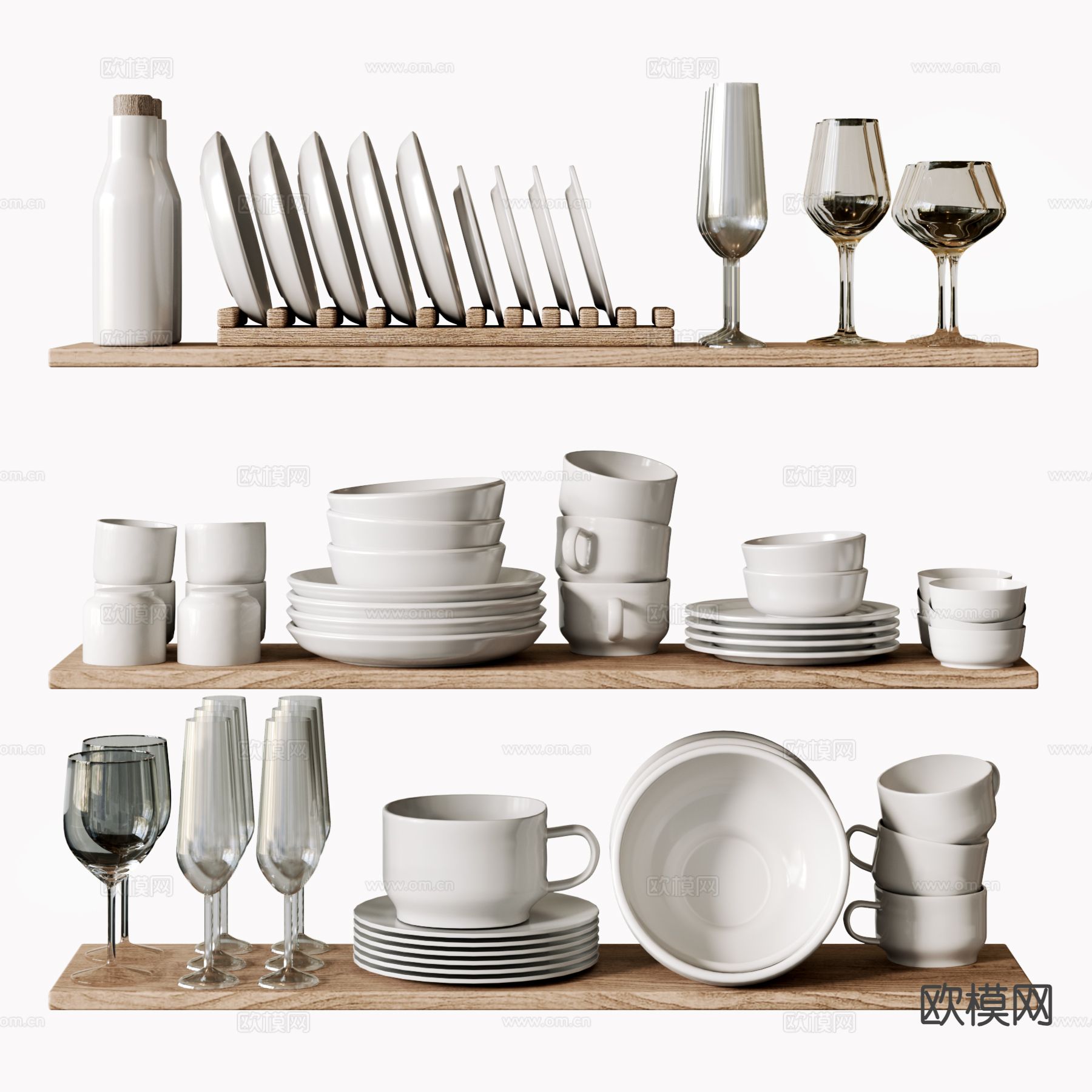 现代餐具 碗碟 高脚杯 置物架su模型下载（渲染图2）