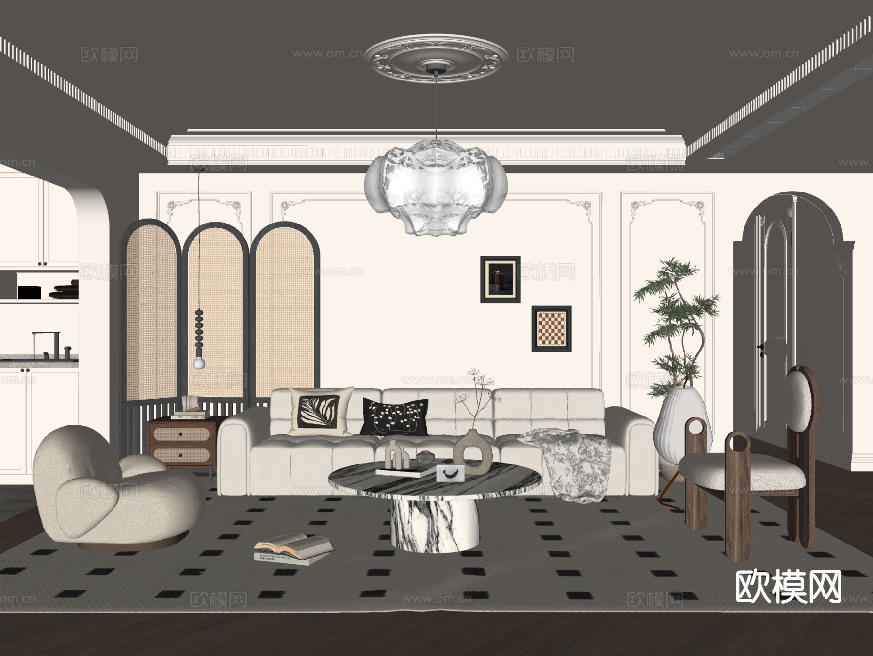 法式客厅su模型下载（渲染图1）