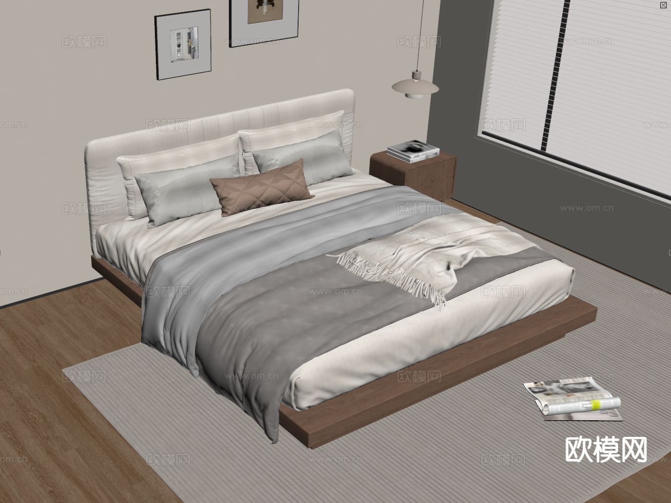 现代双人床 悬浮床su模型下载（渲染图1）
