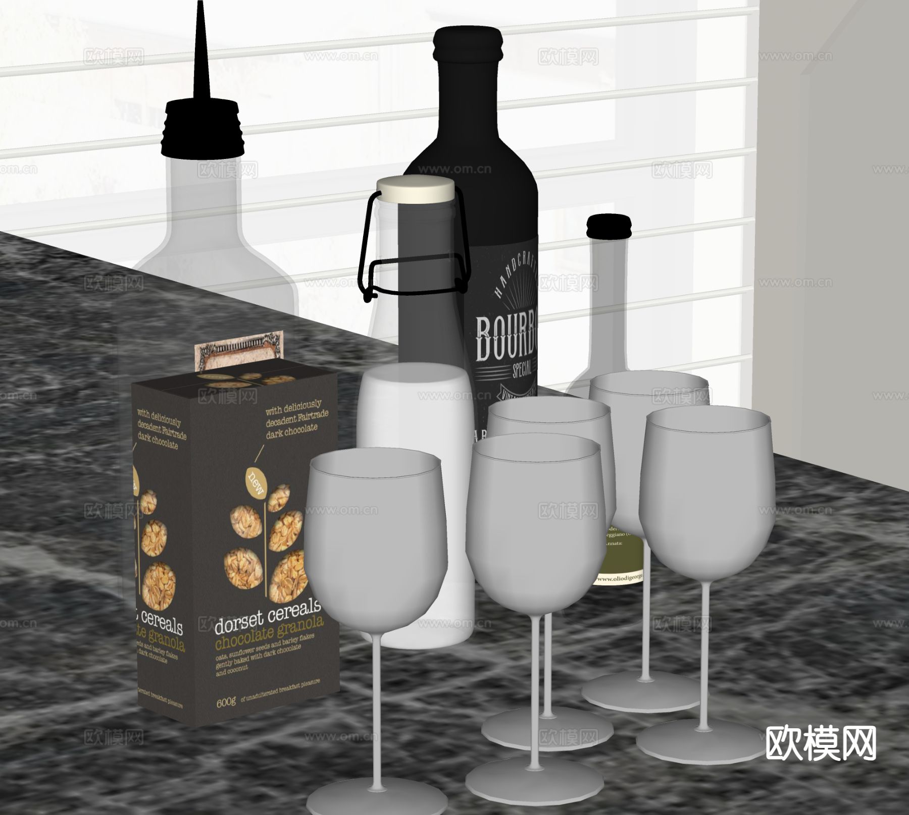 酒水 酒瓶 饮料 高脚杯su模型下载（渲染图1）