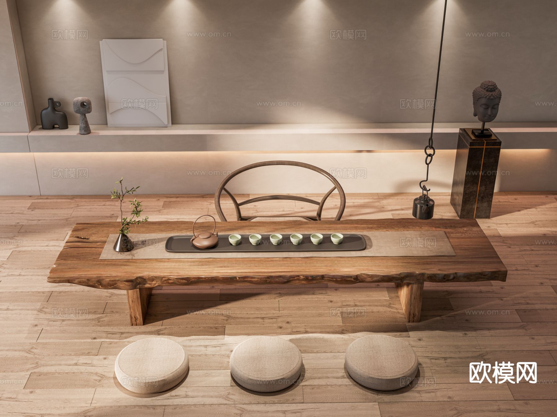 新中式茶桌 榻榻米茶台su模型下载（渲染图2）