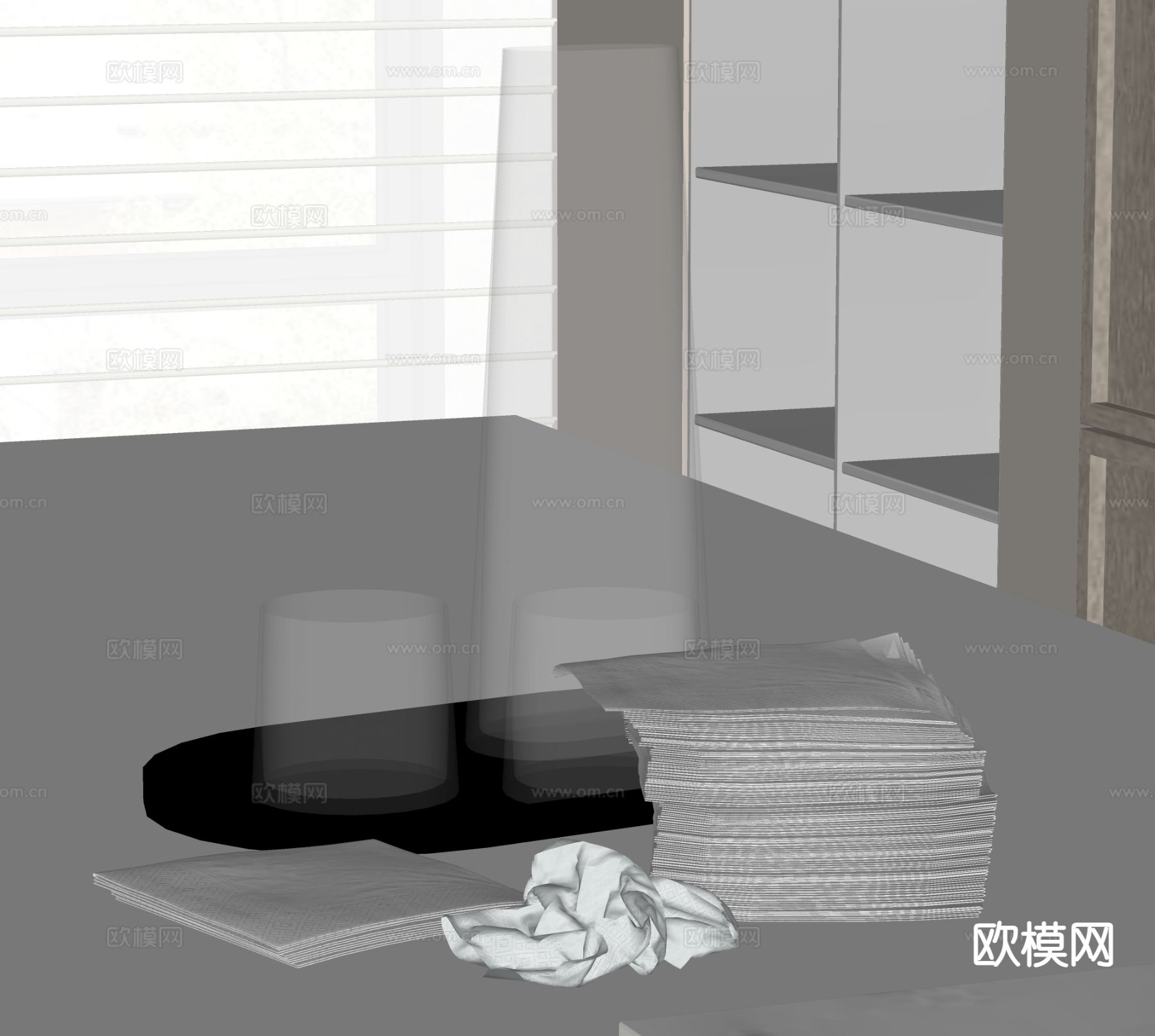 现代餐具 水杯 水瓶 托盘su模型下载（渲染图1）