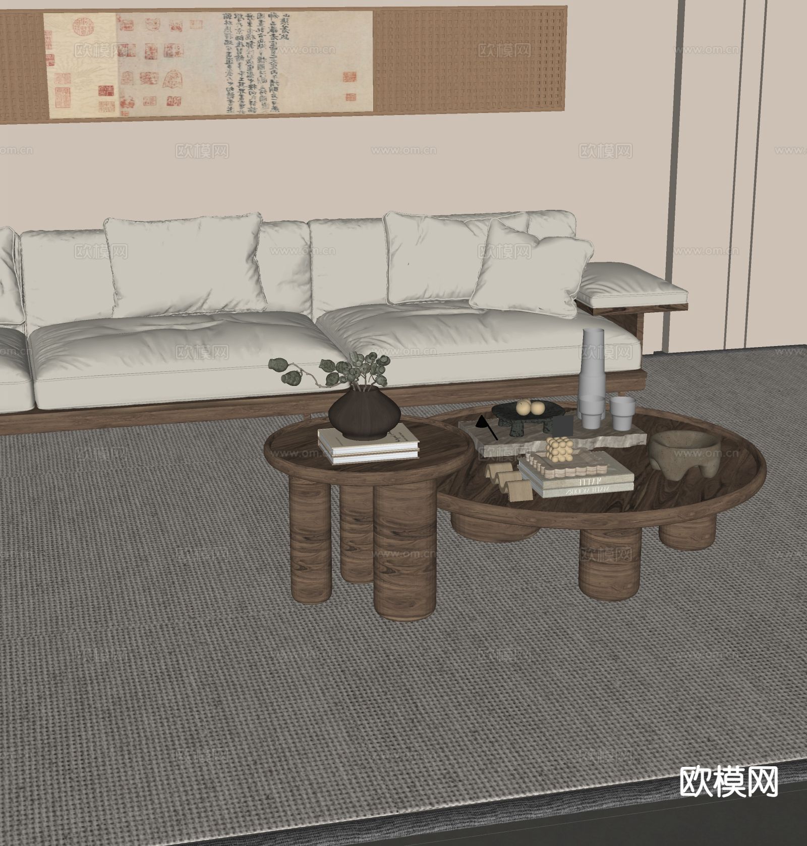 中古风茶几 子母茶几su模型下载（渲染图1）