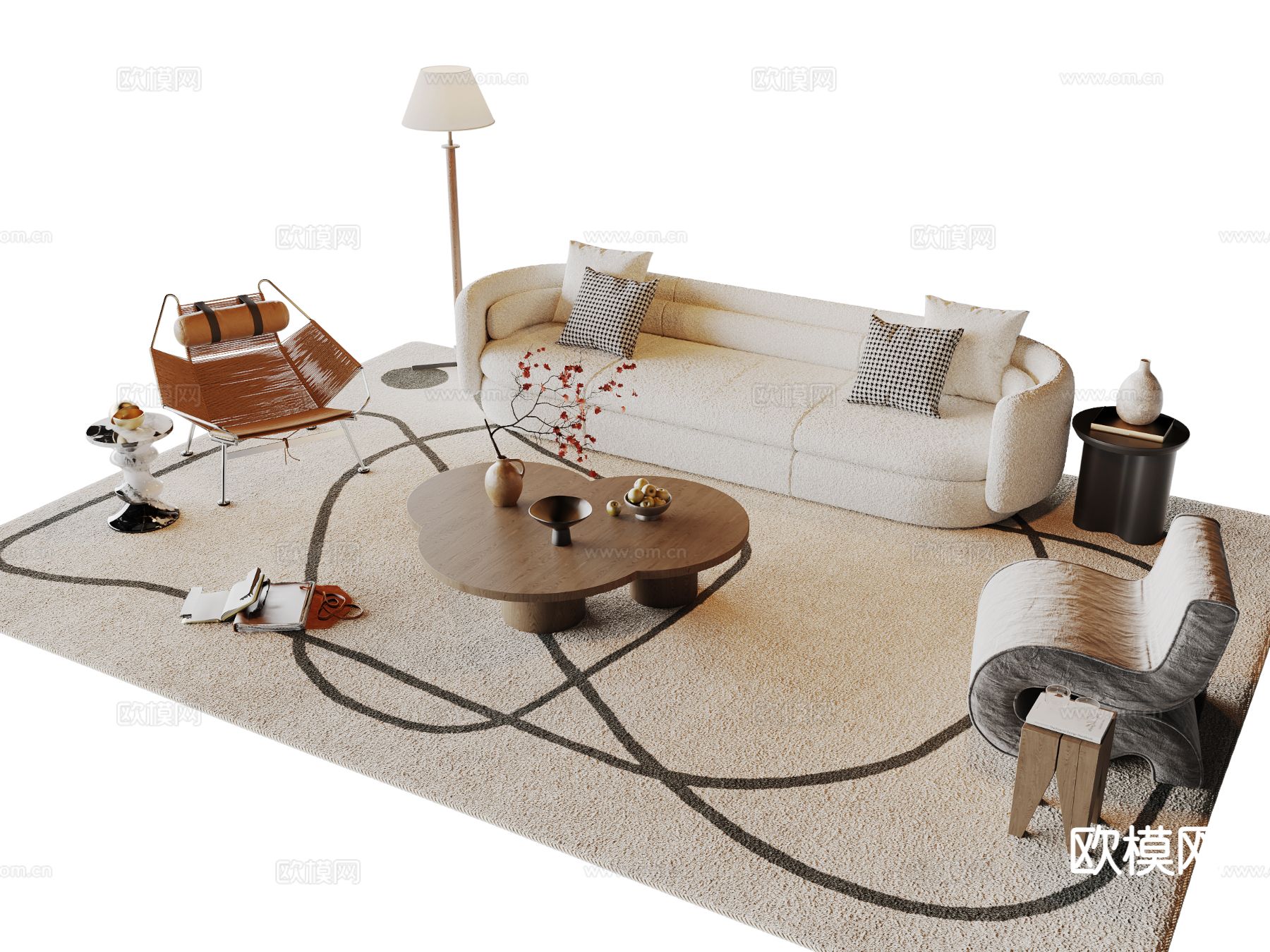 中古风组合沙发su模型下载（渲染图2）