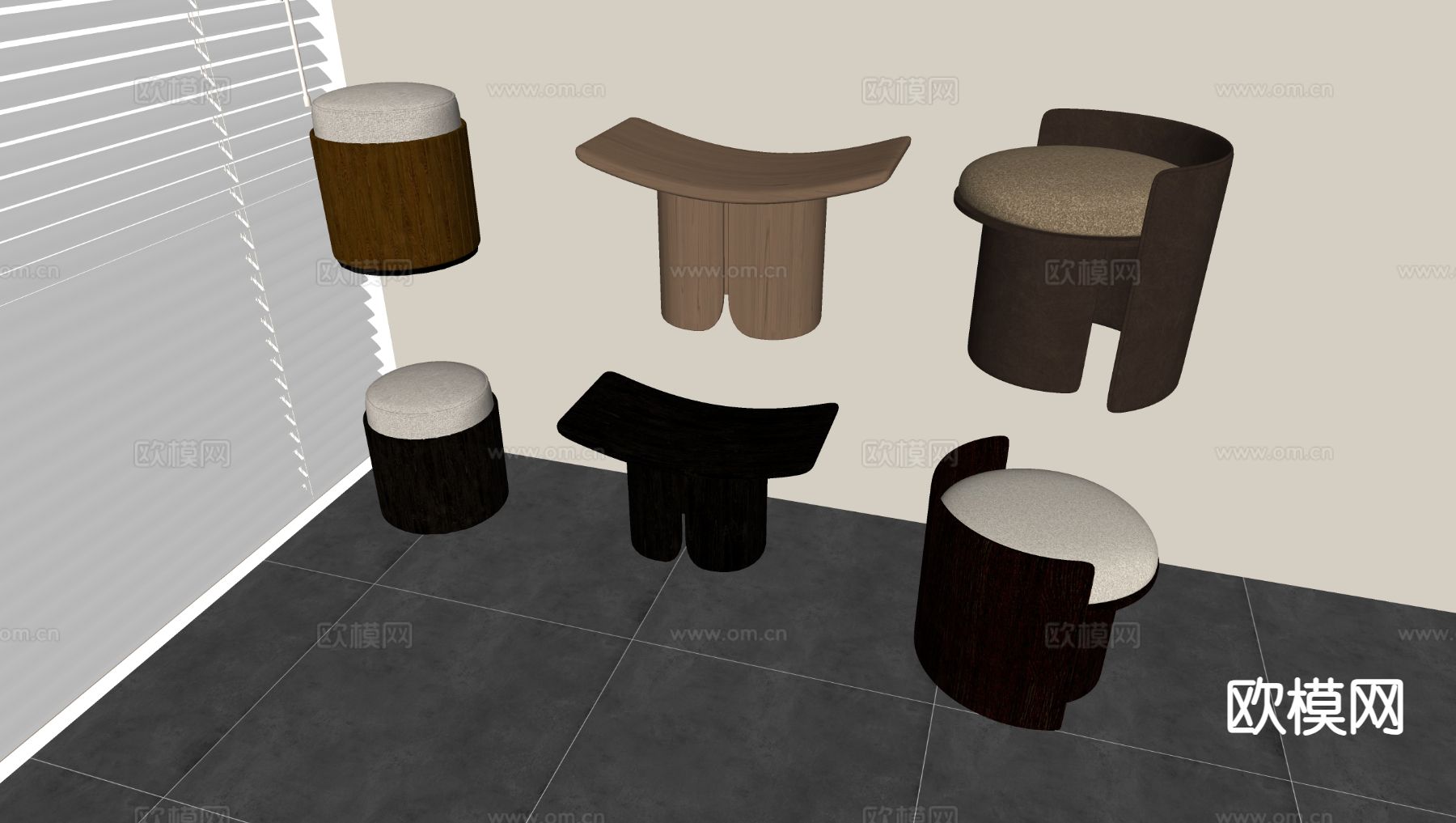 北欧实木换鞋凳 梳妆凳su模型下载（渲染图1）