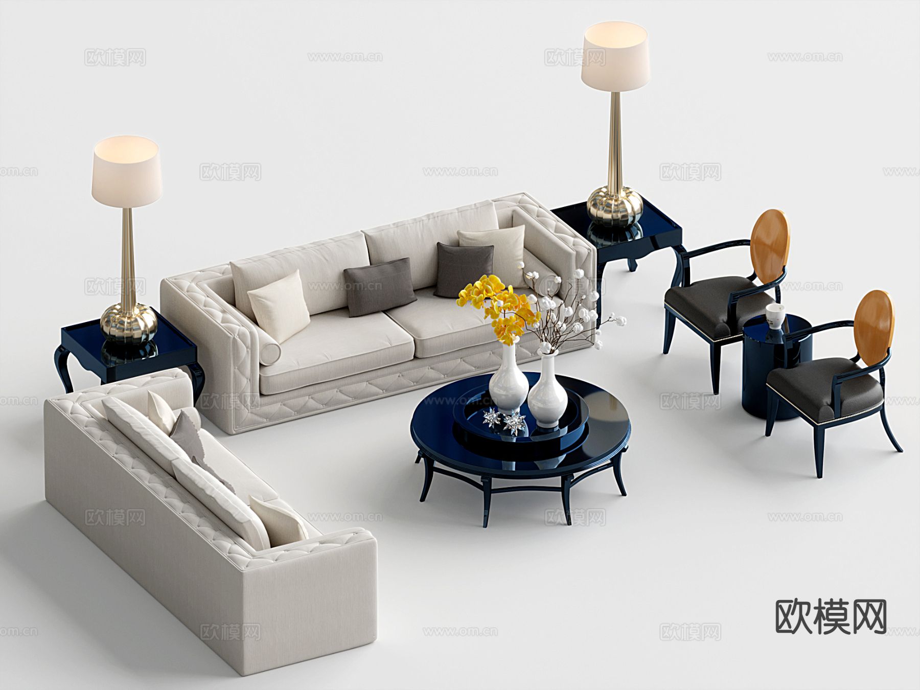 中古风组合沙发su模型下载（渲染图2）