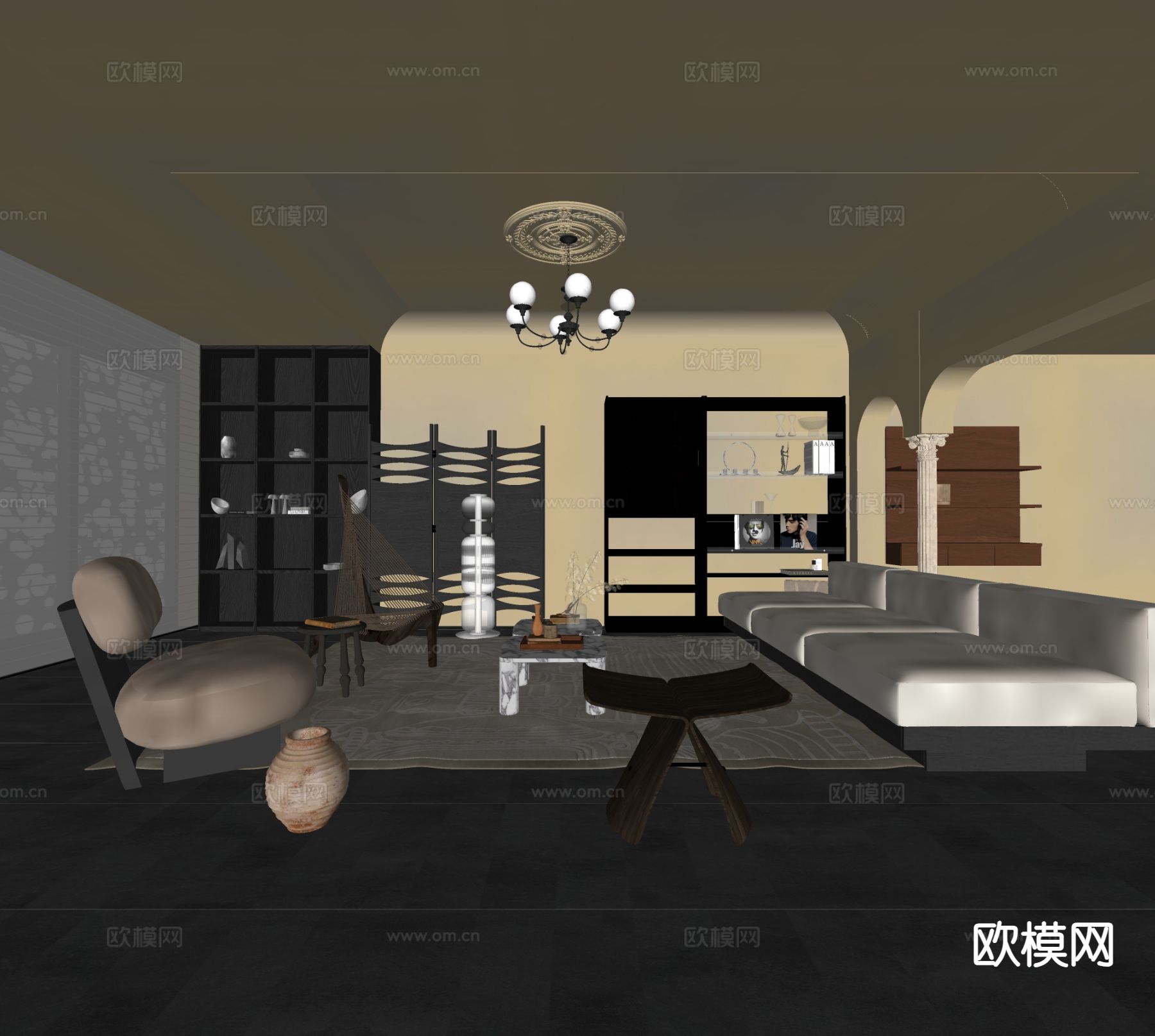 中古风客厅su模型下载（渲染图1）