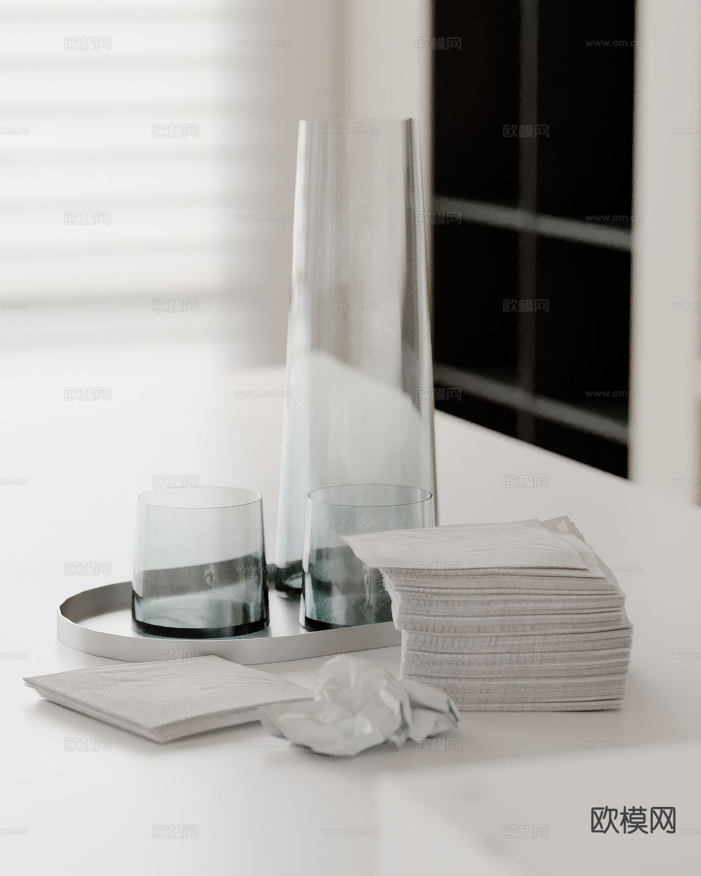 现代餐具 水杯 水瓶 托盘su模型下载（渲染图2）