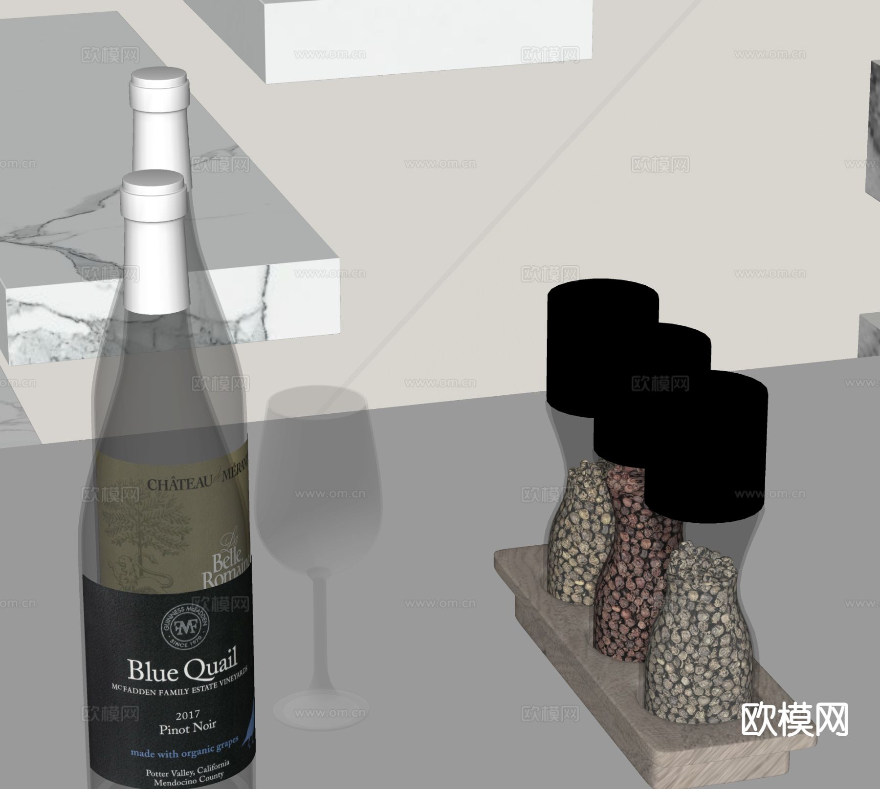 酒水 酒瓶 洋酒 高脚杯su模型下载（渲染图1）