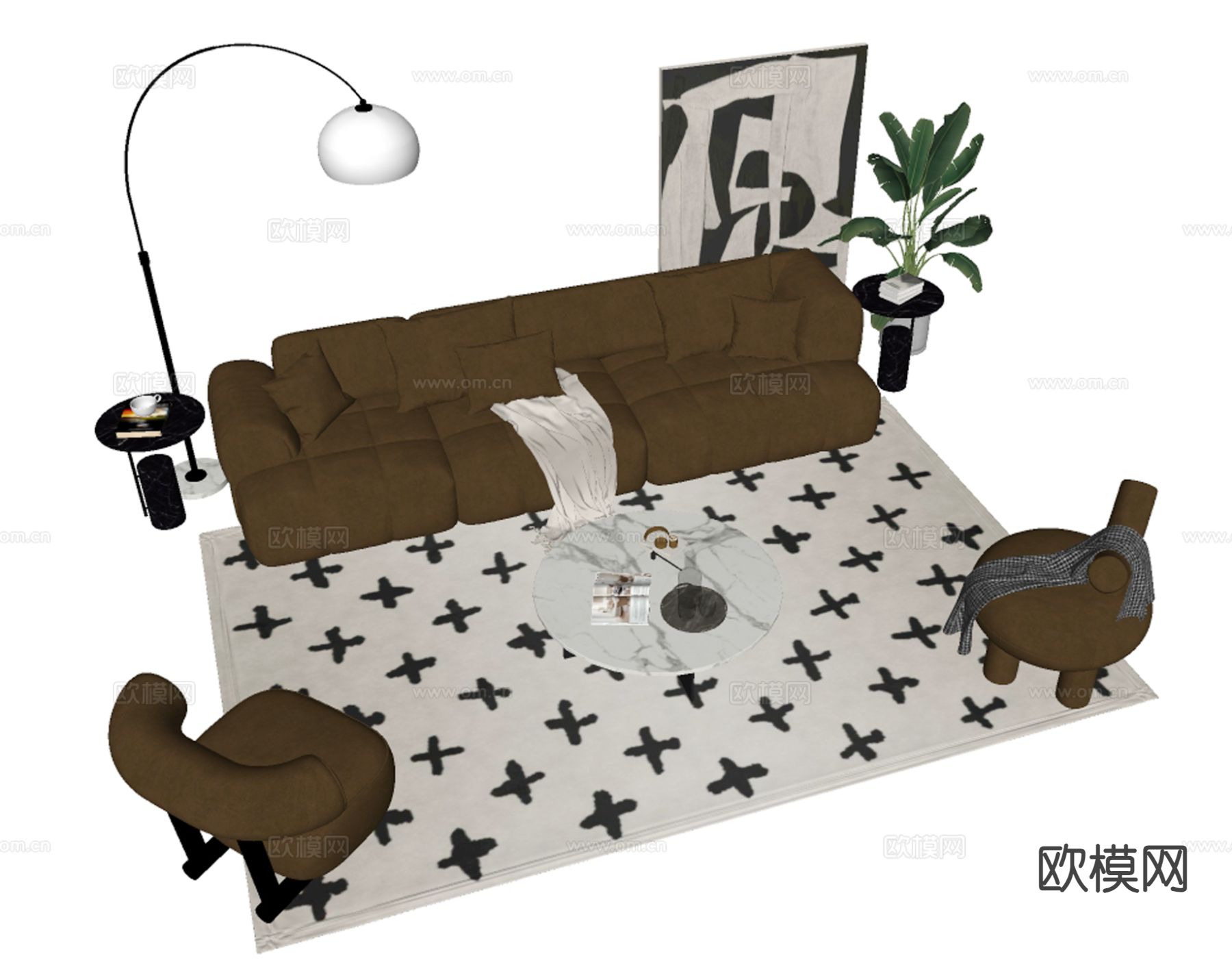 奶油风组合沙发su模型下载（渲染图1）