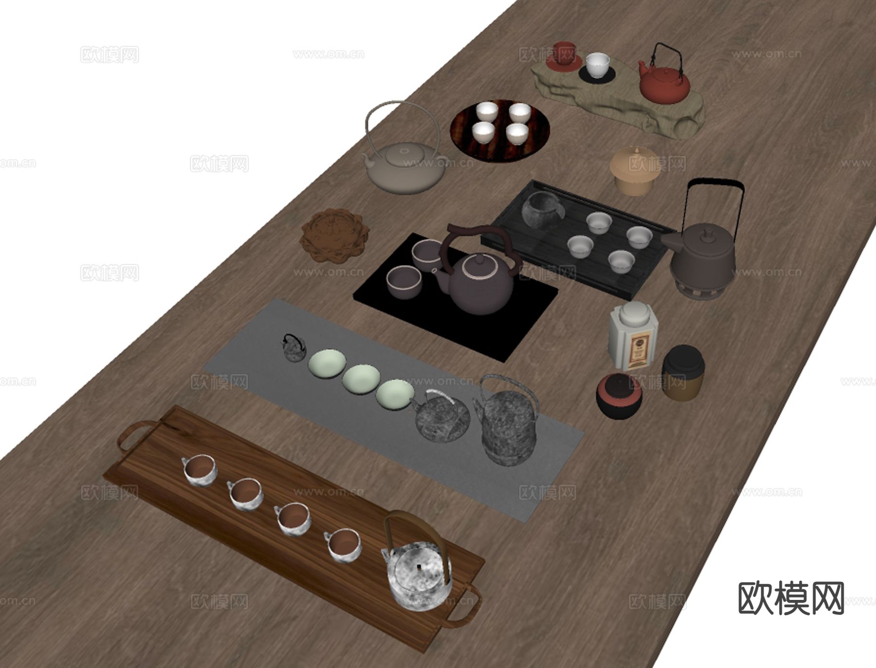 新中式茶具 茶壶 茶杯 茶盘su模型下载（渲染图1）