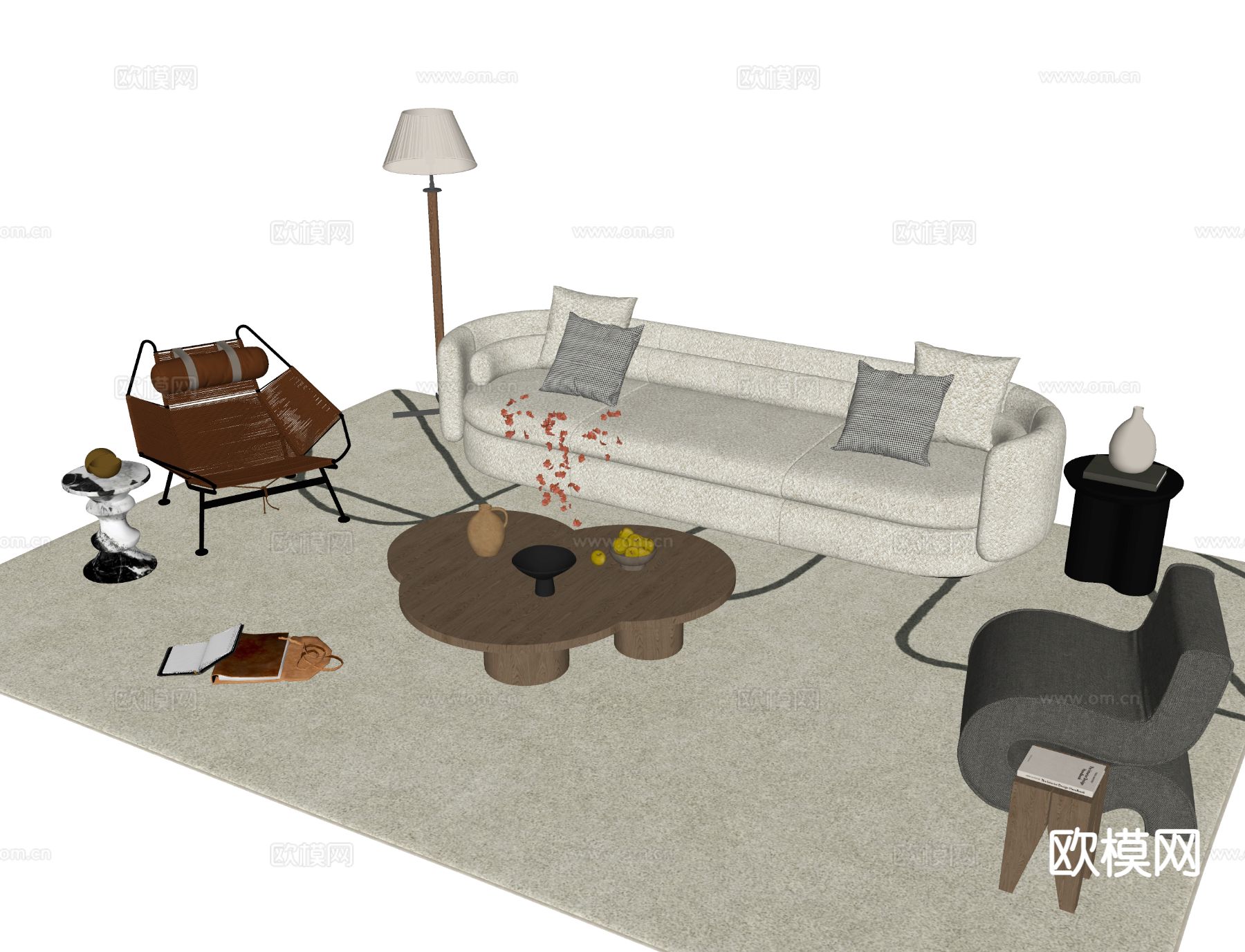 中古风组合沙发su模型下载（渲染图1）