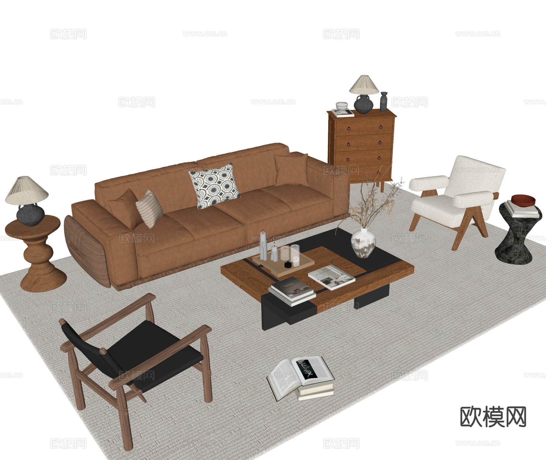 中古风组合沙发su模型下载（渲染图1）