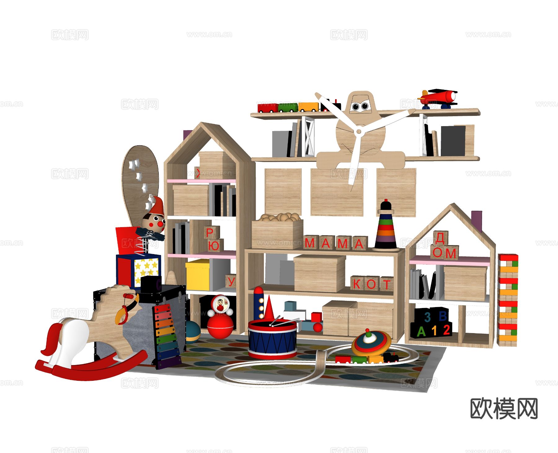 积木玩具 摇摇马 小火车su模型下载（渲染图2）