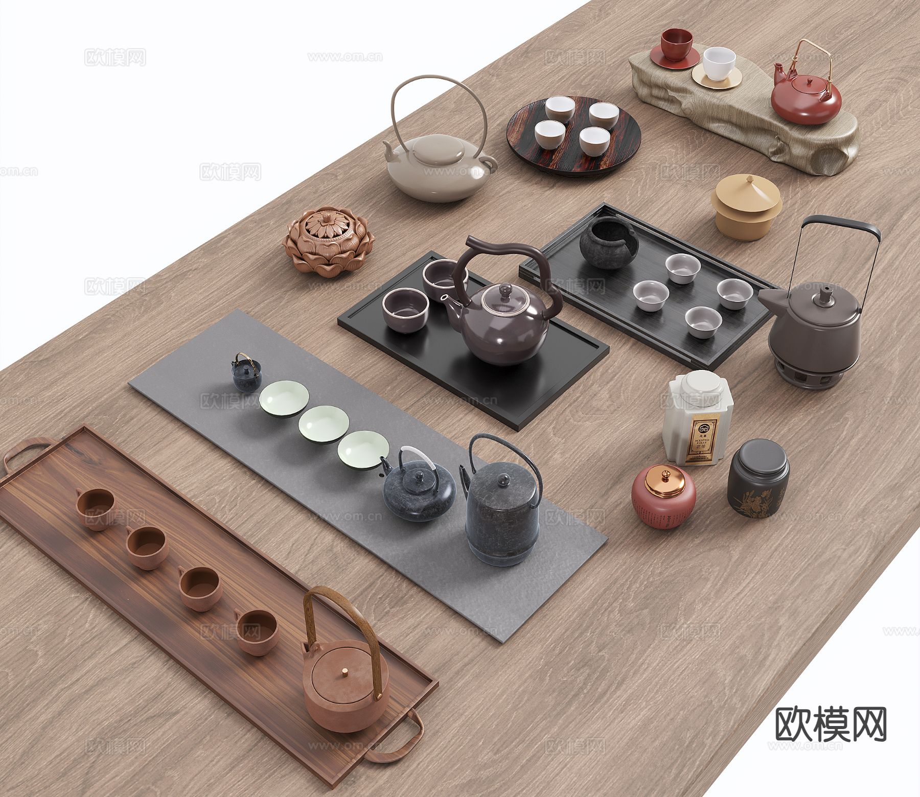 新中式茶具 茶壶 茶杯 茶盘su模型下载（渲染图2）