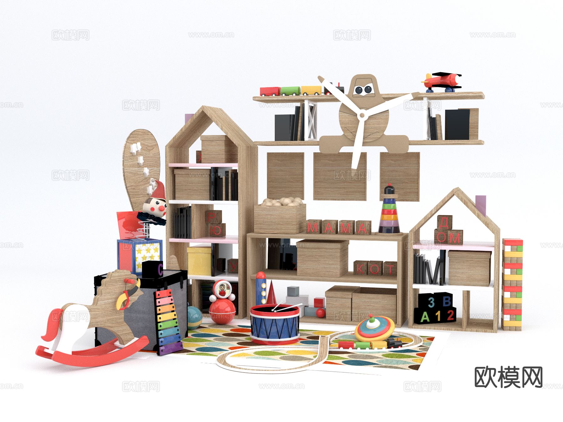 积木玩具 摇摇马 小火车su模型下载（渲染图1）