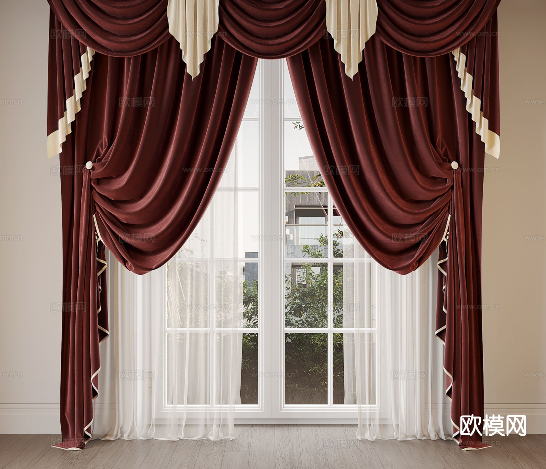 简欧窗帘 窗纱 纱帘su模型下载（渲染图2）