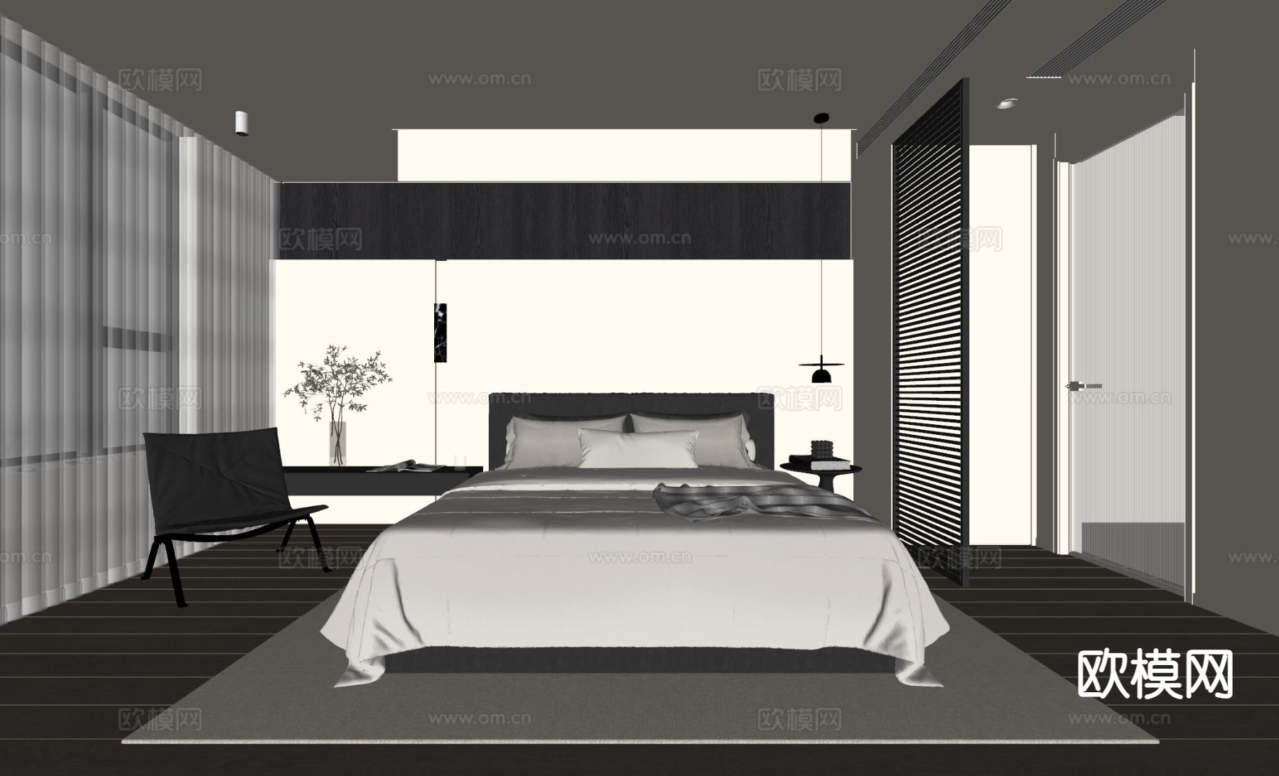 现代卧室 主卧su模型下载（渲染图1）